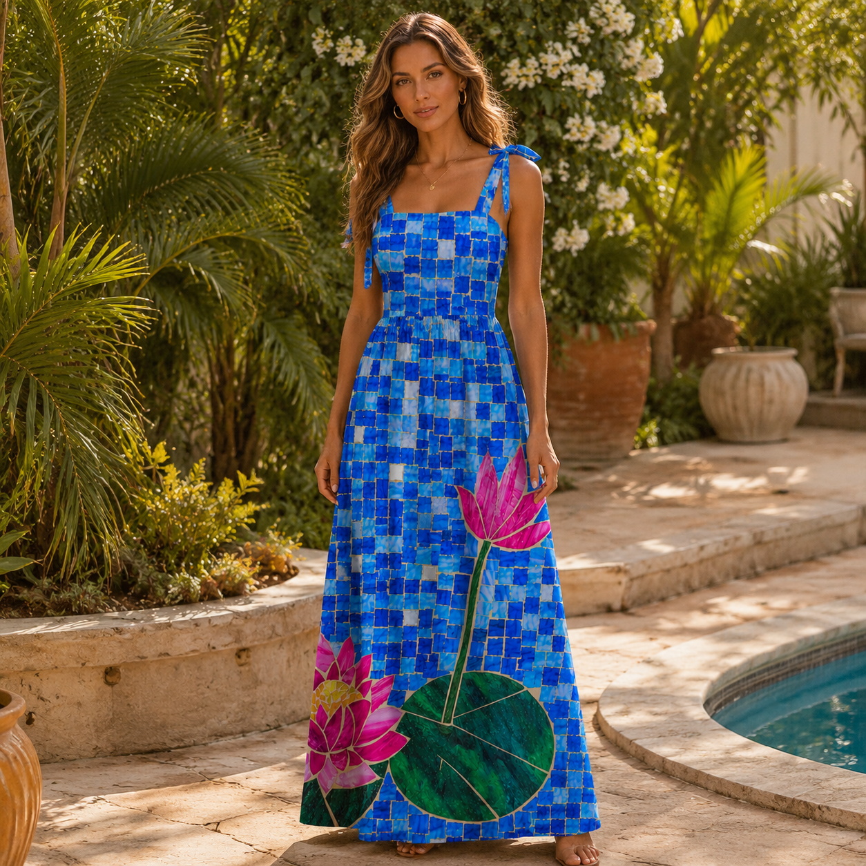 Mosaic Glass Lotus Bow Strap Maxi Dress