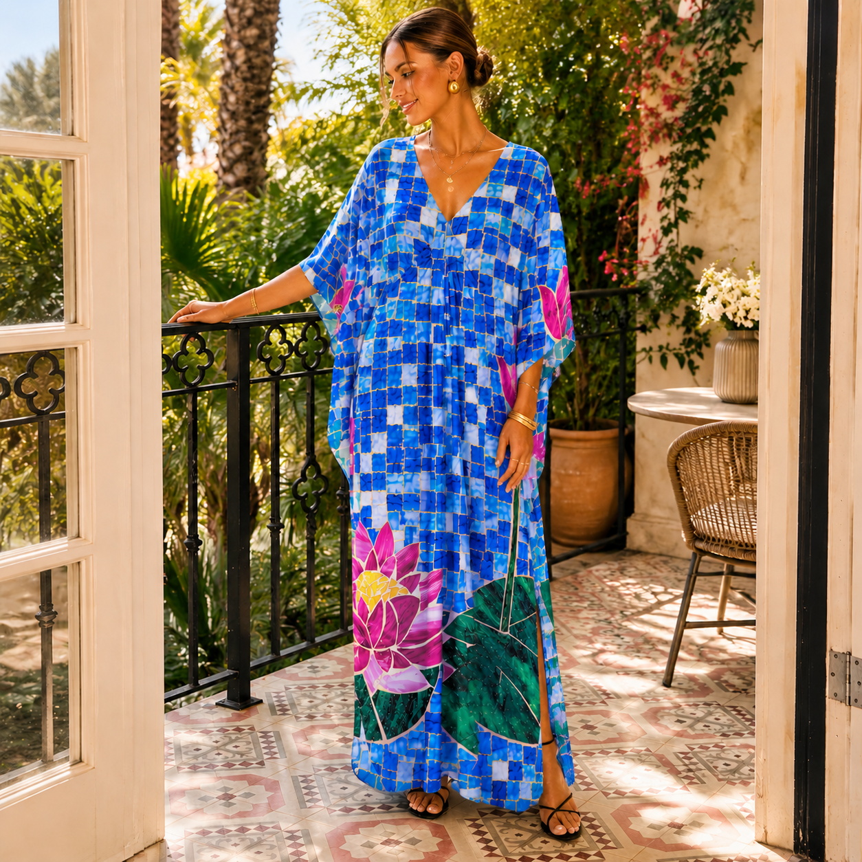 Mosaic Glass Lotus Kimono Sleeve Kaftan Dress