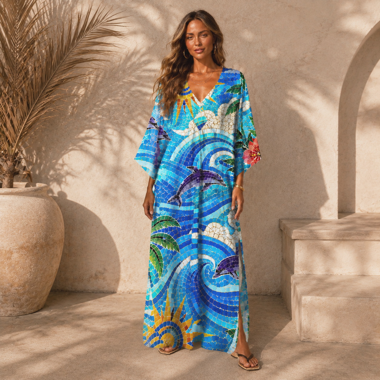 Sunset Mosaic Wave Dolphin Kimono Sleeve Kaftan Dress