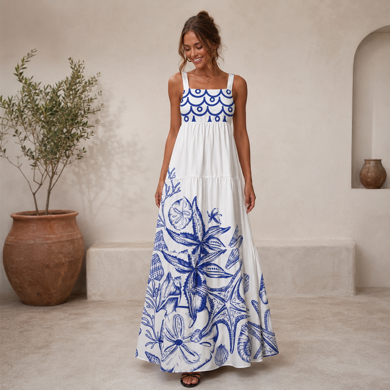 Coastal Nautical Starfish Wide Straps Maxi Dress With Pockets