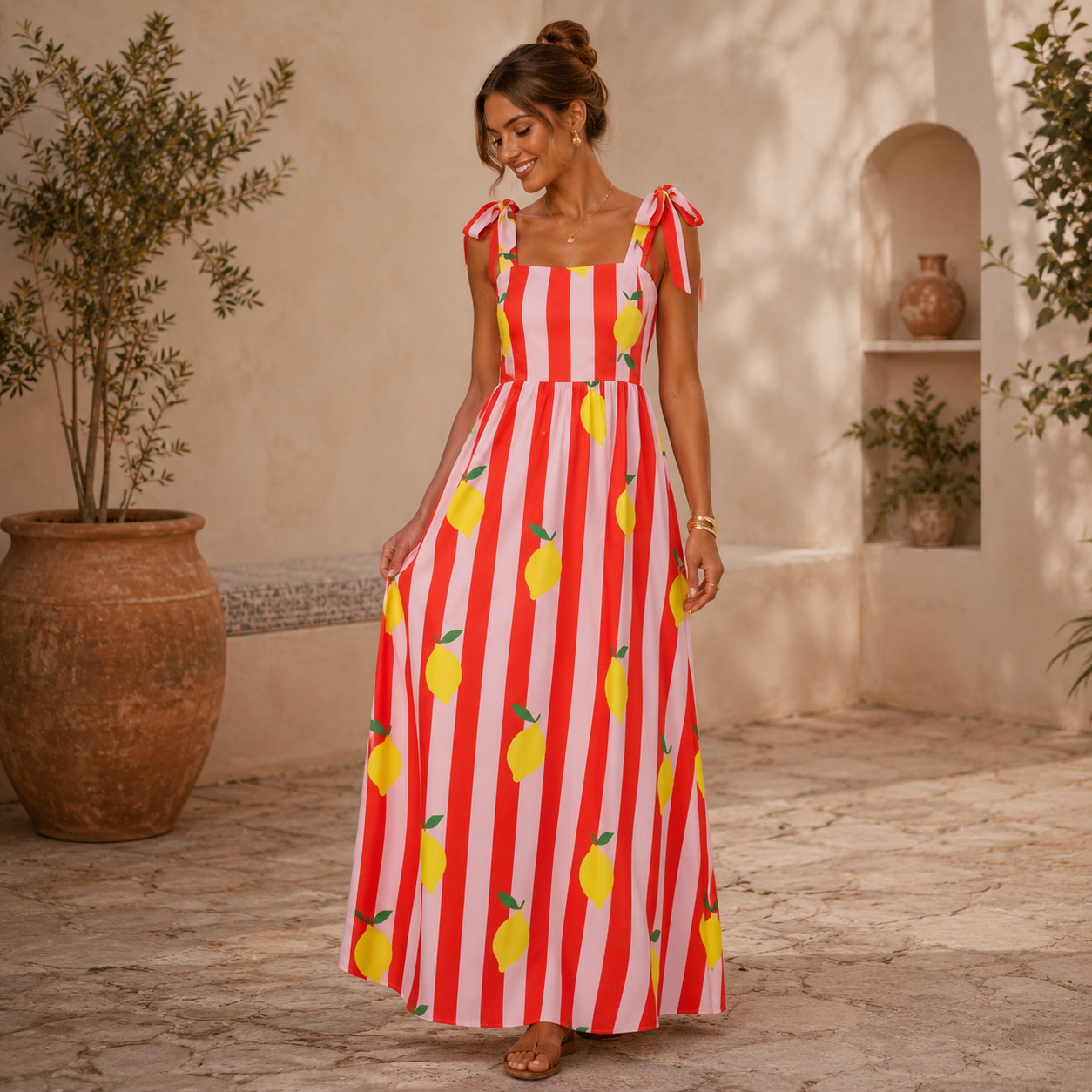 Citrus Stripe Lemon Bow Strap Maxi Dress