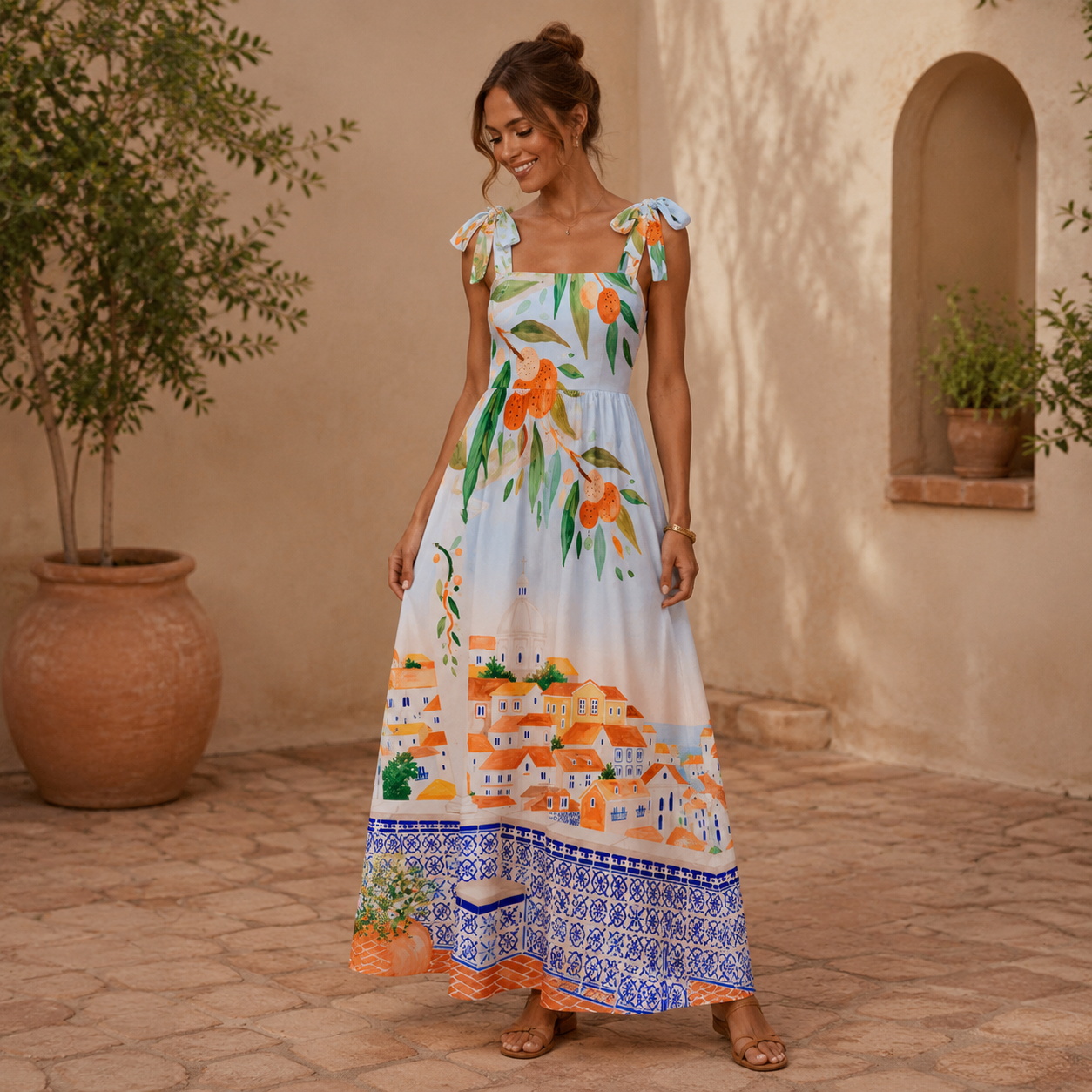 Lisbon Cityscape Bow Strap Maxi Dress