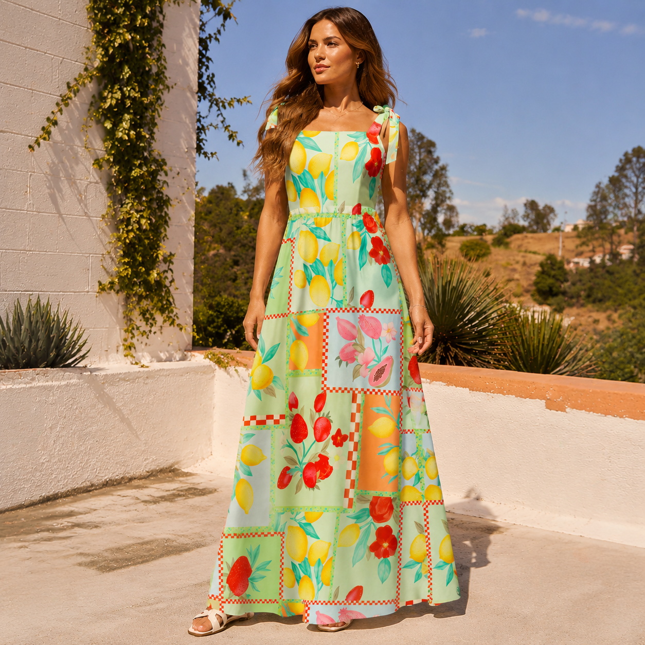 Fruit Party Vacation Bow Strap Maxi Dress