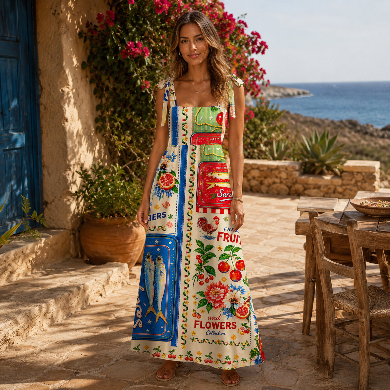 Fruits, Flowers & Fish Feast Bow Strap Maxi Dress