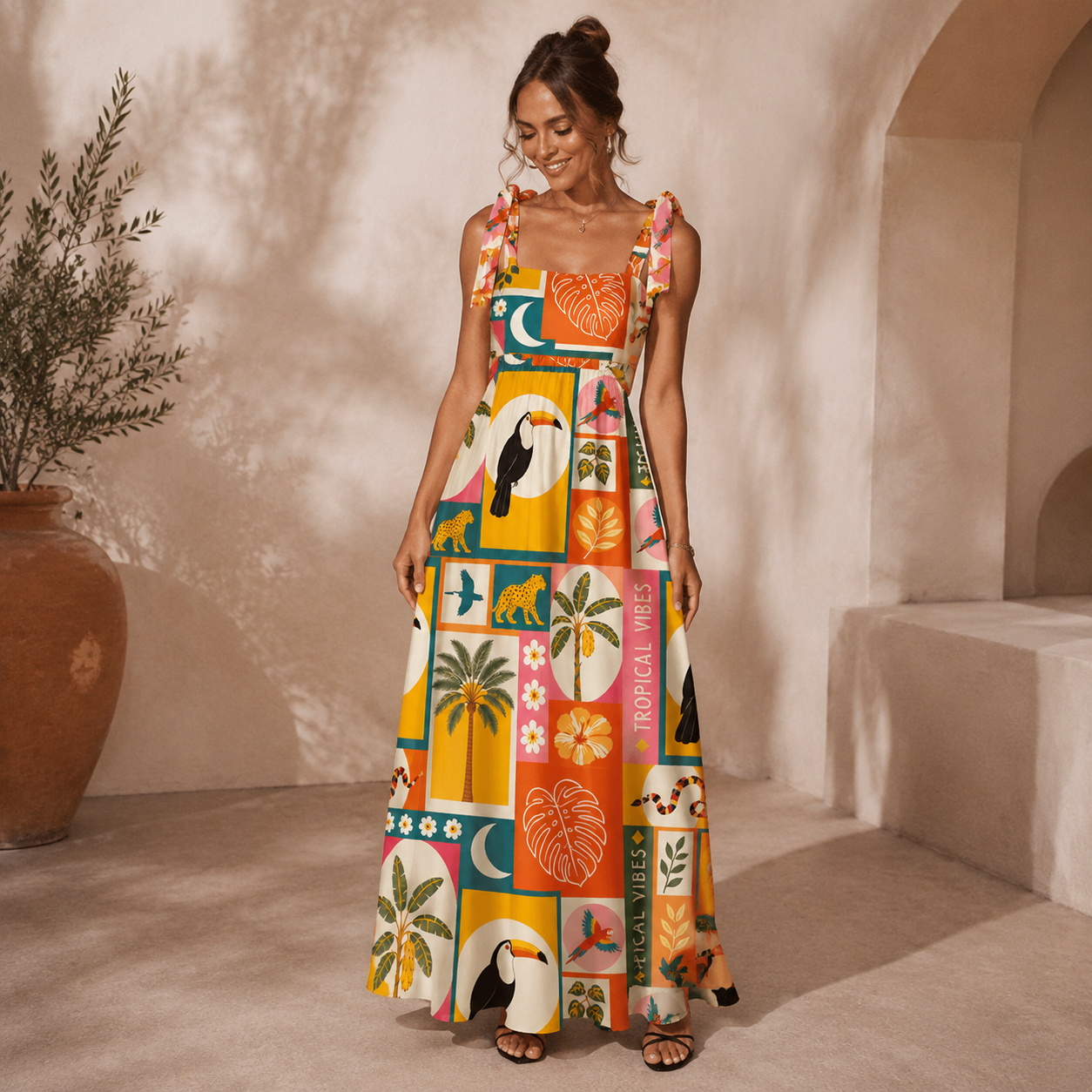 Tropical Patchwork Bow Strap Maxi Dress