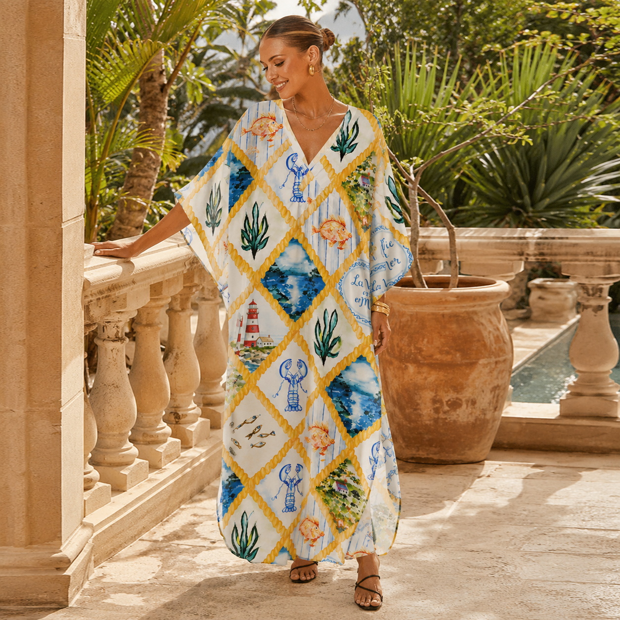 Coastal Patchwork Kimono Sleeve Kaftan Dress
