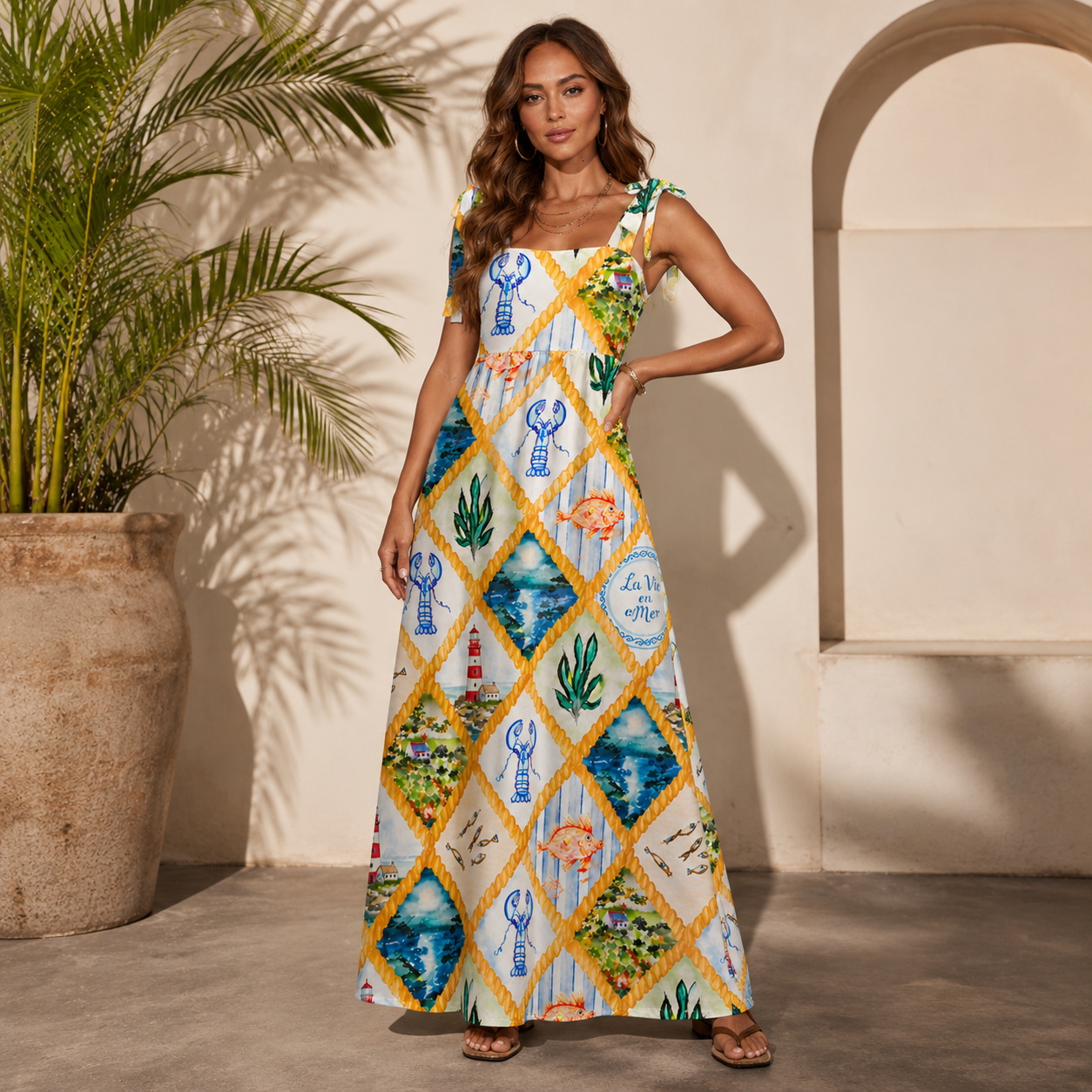 Coastal Patchwork Bow Strap Maxi Dress