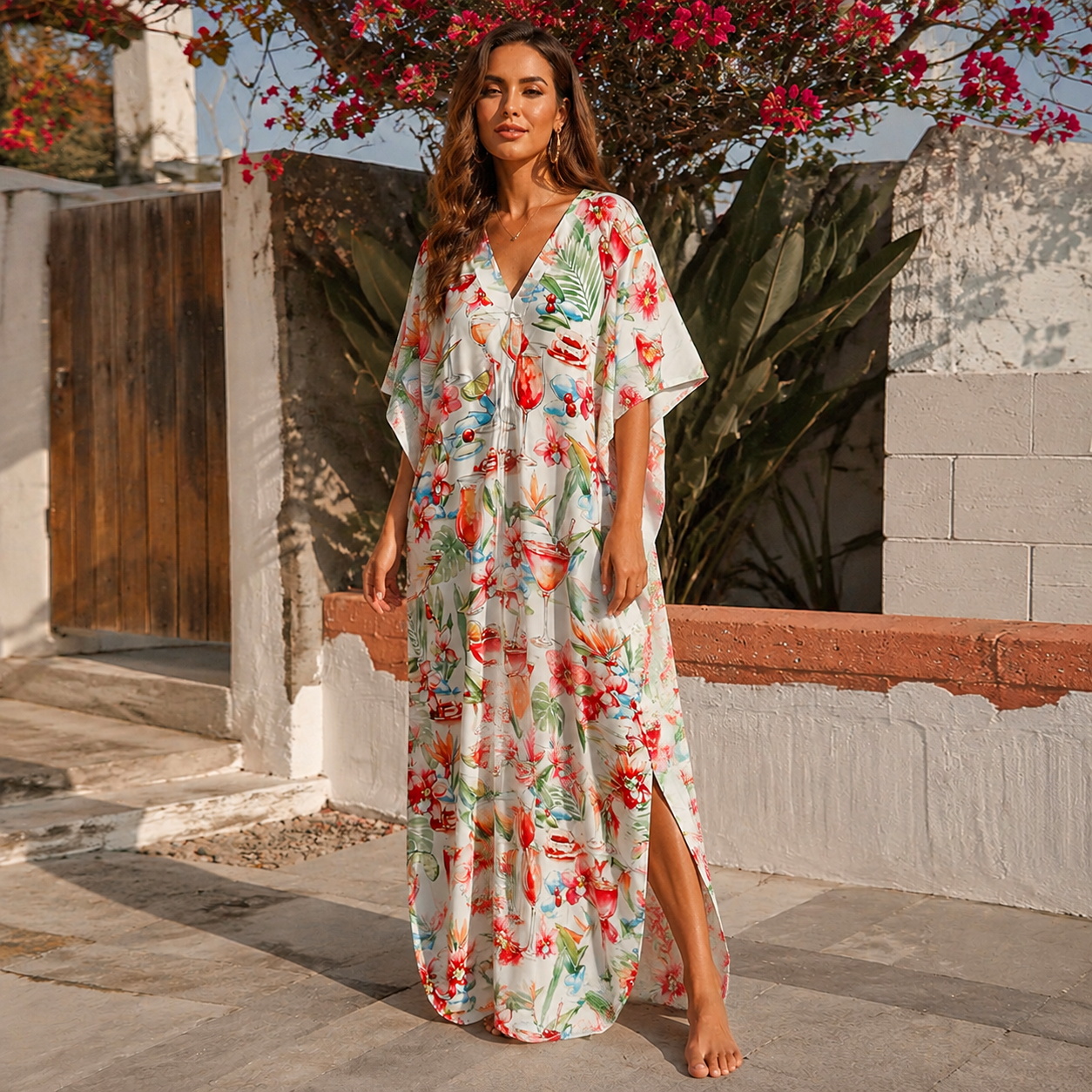 Tropical Cocktail Party Kimono Sleeve Kaftan Dress