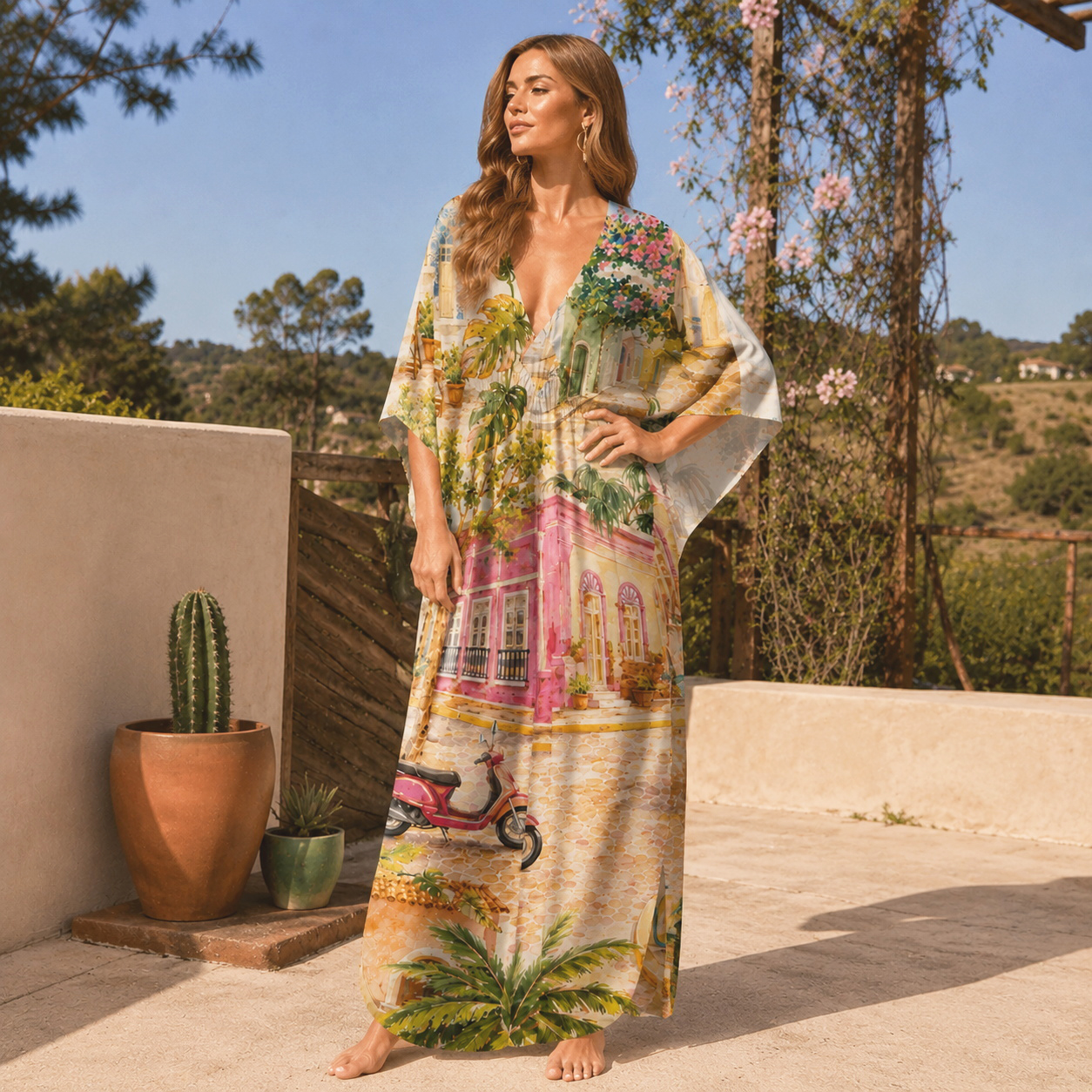 Colorful Coastal Town Street Kimono Sleeve Kaftan Dress