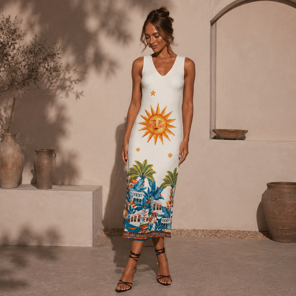 Retro Sun & Palm Printed Crochet Knit Midi Dress