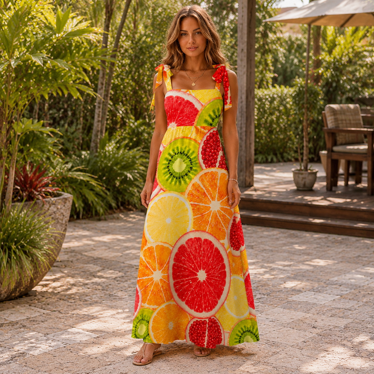 Tropical Fruit Cut Bow Strap Maxi Dress