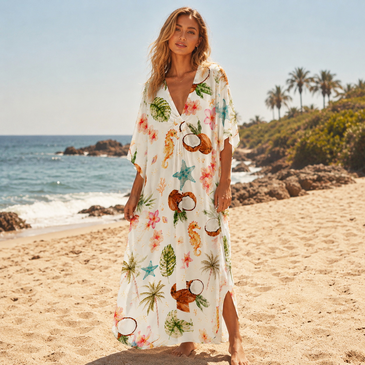 Tropical Coconut Shore Kimono Sleeve Kaftan Dress