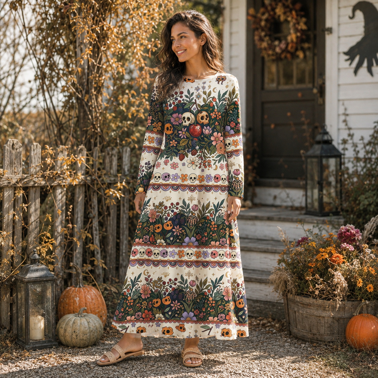 Boho Halloween Garden Skulls Long Sleeve Maxi Dress with Pockets