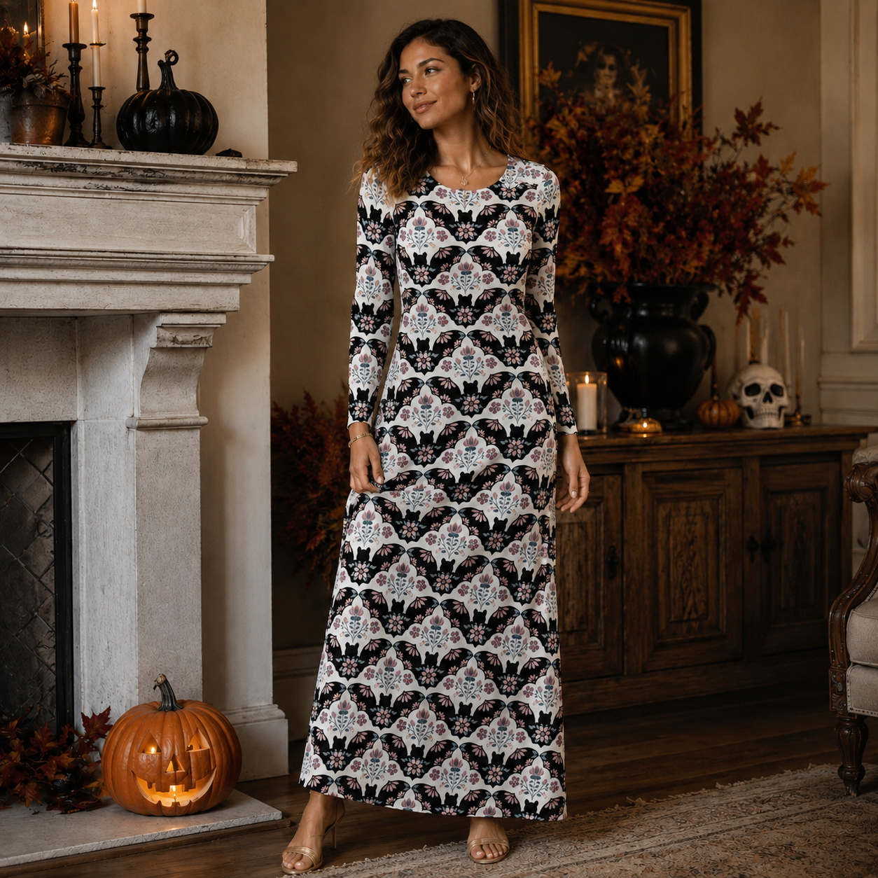 Halloween Bat Garden Damask Boho Long Sleeve Maxi Dress with Pockets