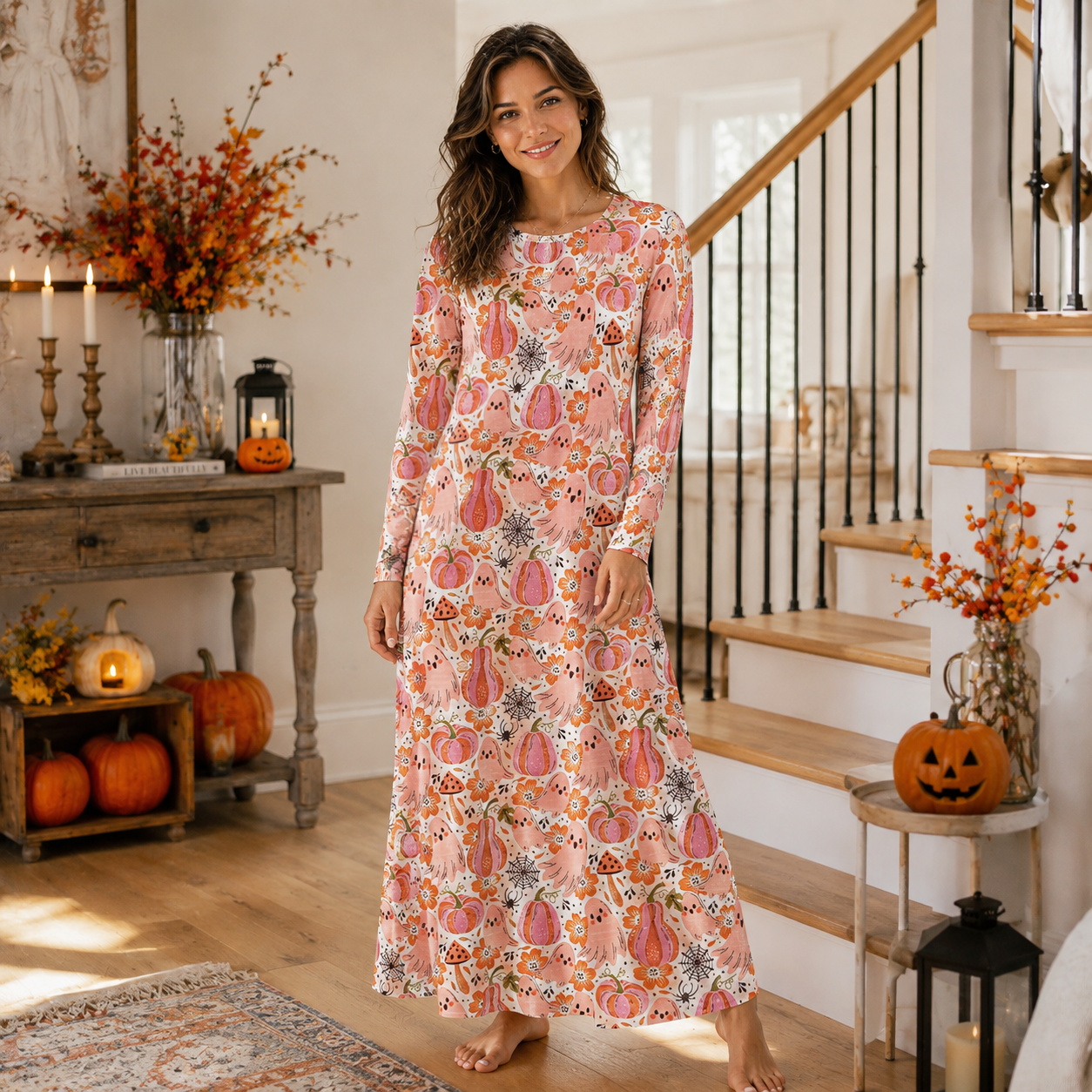 Pink Pumpkin Ghost Party Boho Long Sleeve Maxi Dress with Pockets