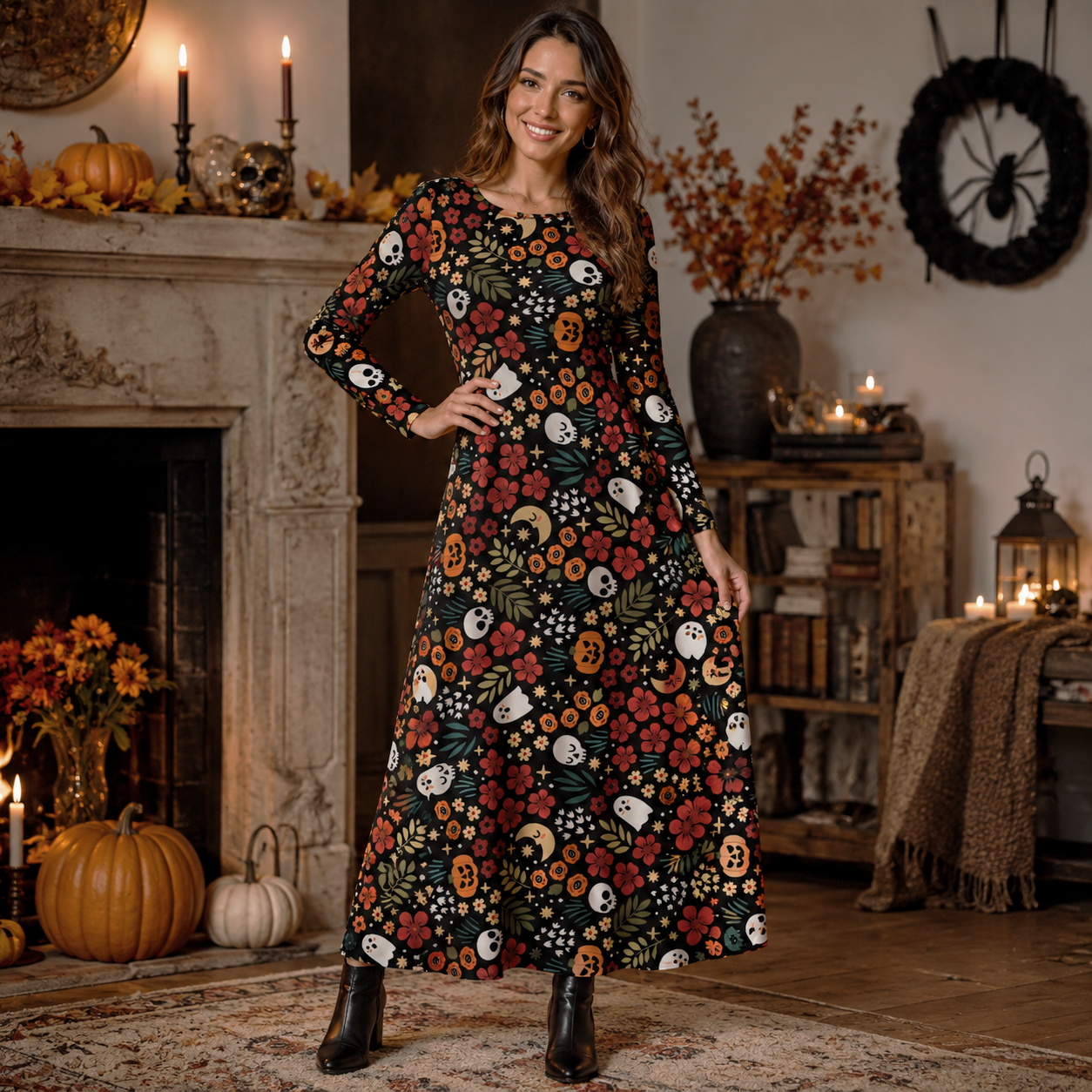 Halloween Floral Night Parade Boho Long Sleeve Maxi Dress with Pockets
