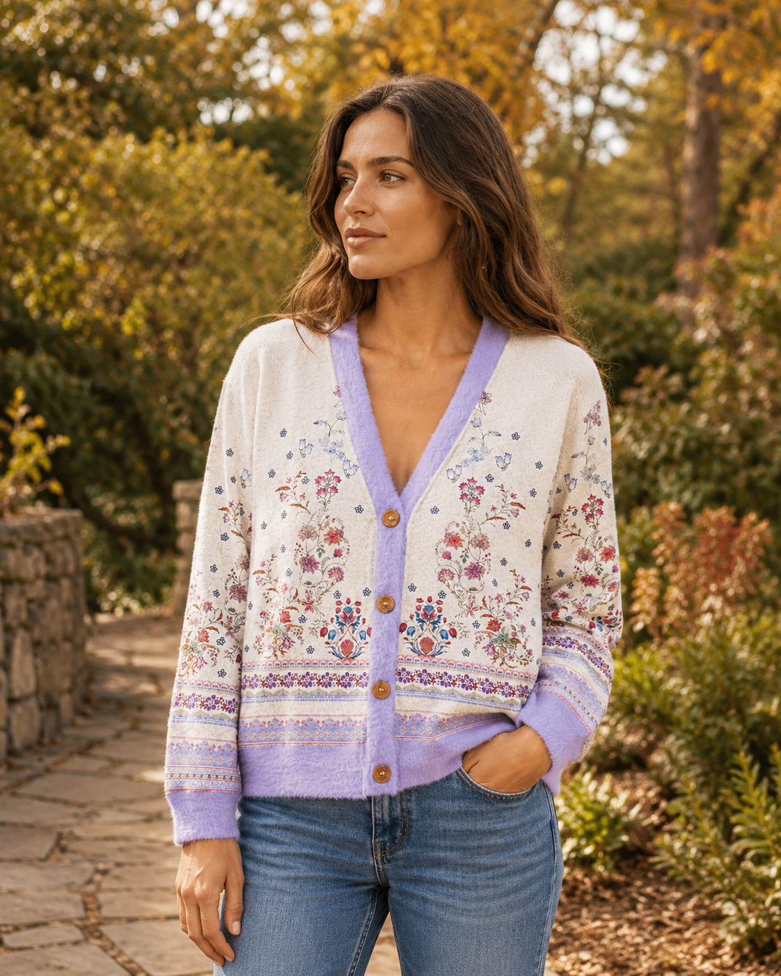 Boho Symmetric Floral Bouquet Border Pattern Ugly Cardigan Sweaters