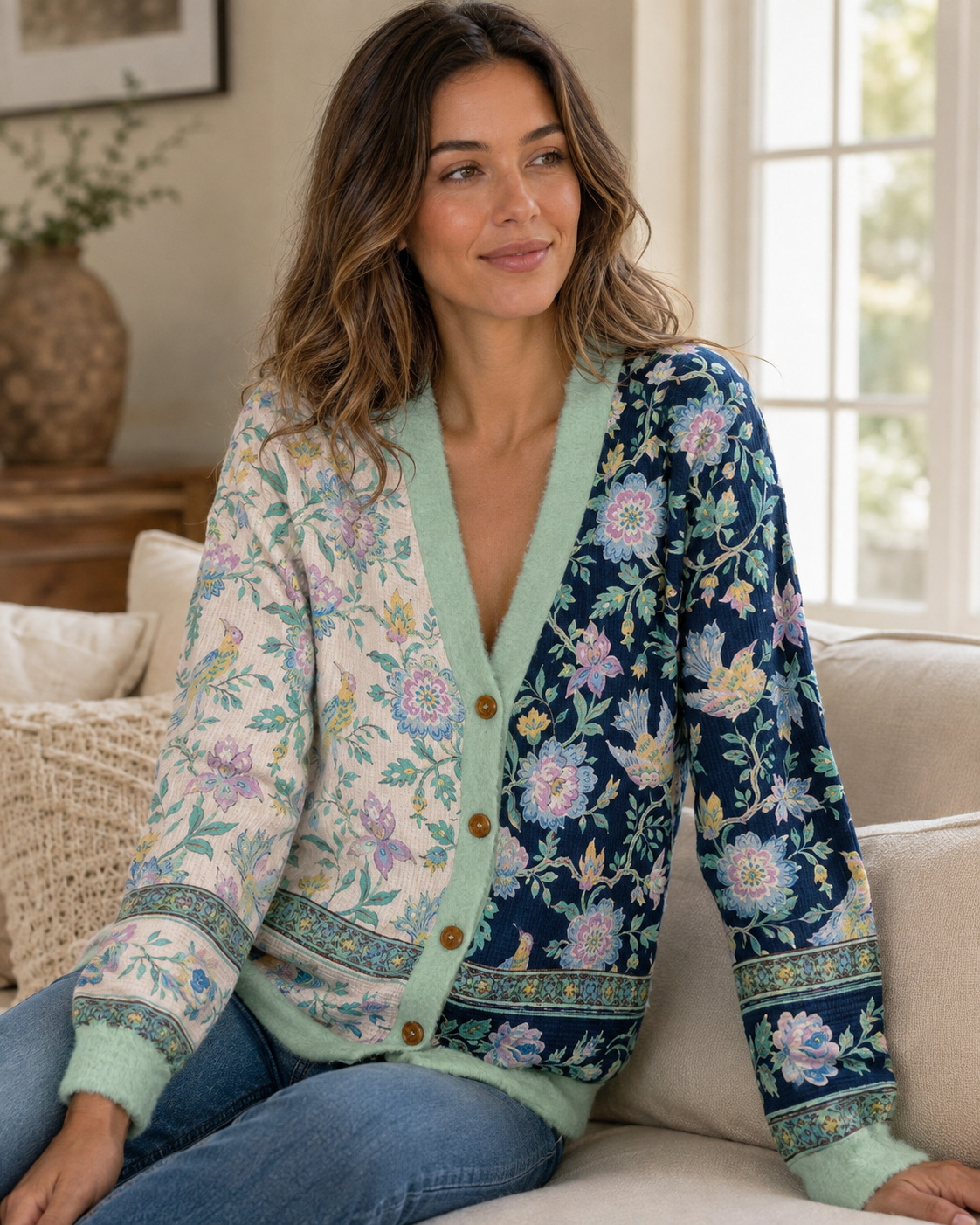 Boho Dual-Tone Birdsong Floral Pattern Ugly Cardigan Sweaters