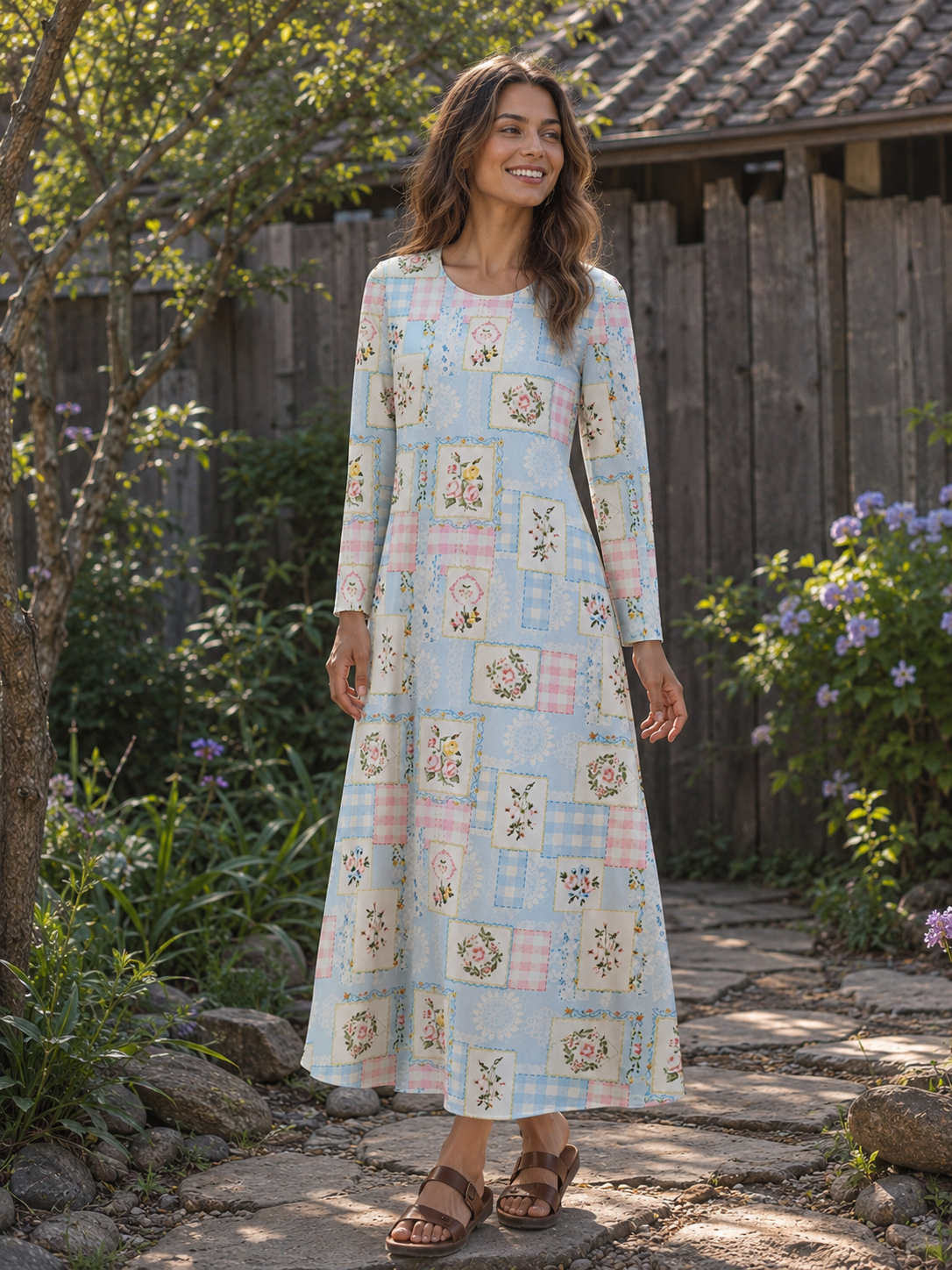 Blue Cottage Patchwork Floral Print Soft-Touch Stretch Knit Long Sleeve Maxi Dress with Pockets