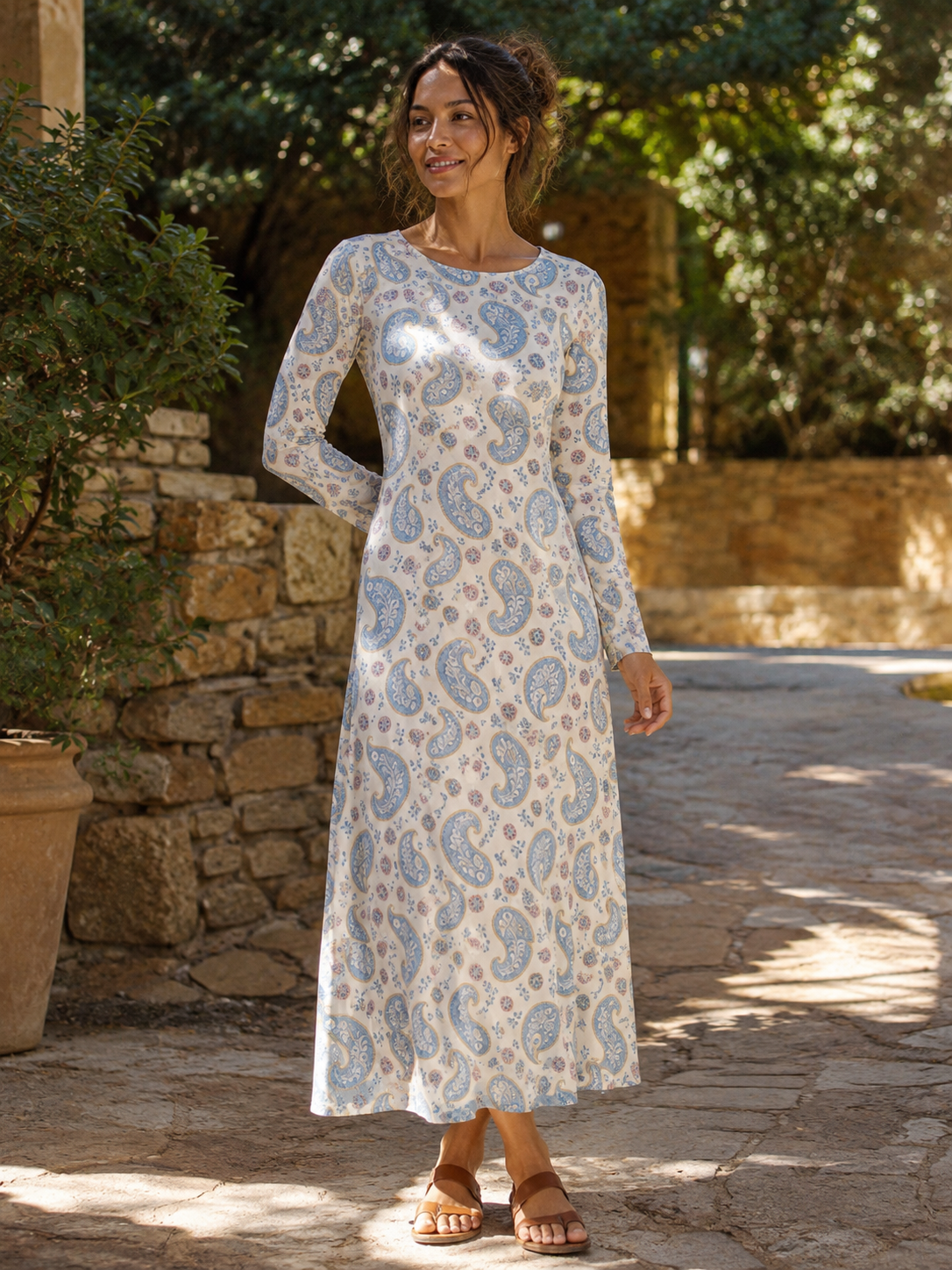 Sky Blue Paisley Bloom Print Soft-Touch Stretch Knit Long Sleeve Maxi Dress with Pockets