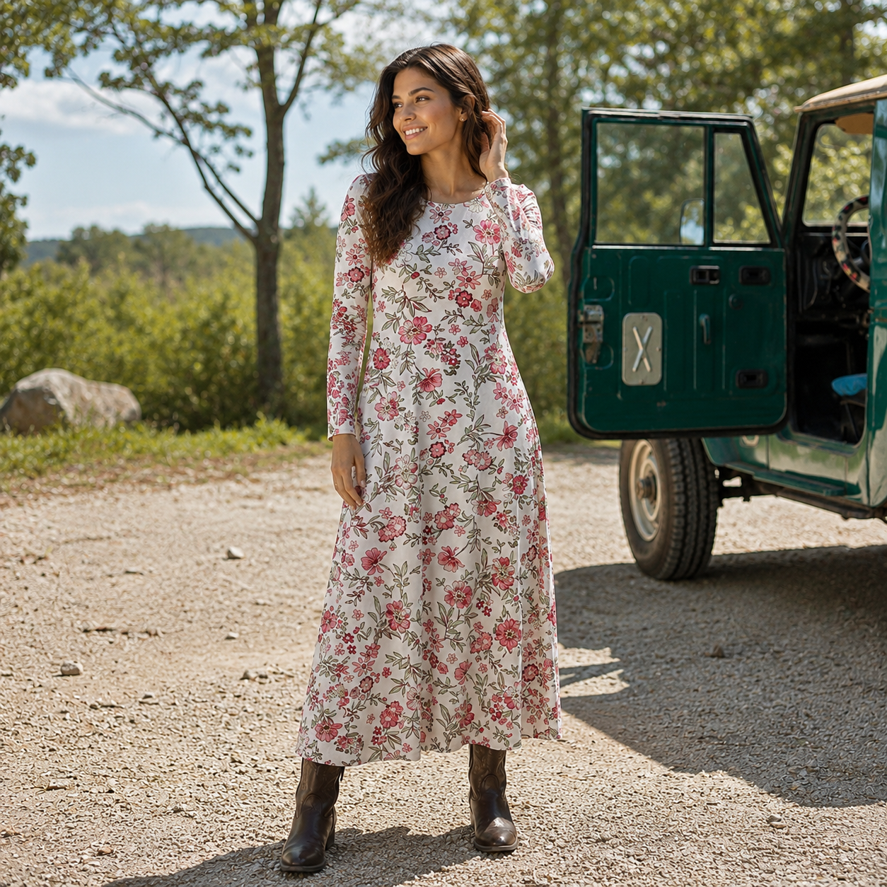 Pink Wildflower Meadow Print Soft-Touch Stretch Knit Long Sleeve Maxi Dress with Pockets
