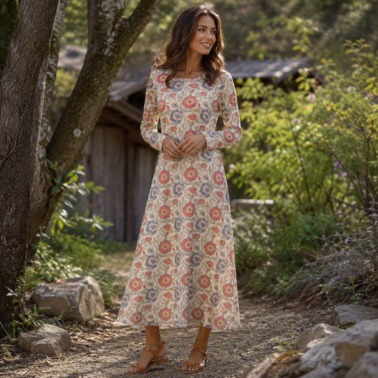 Coral Garden Floral Print Soft-Touch Stretch Knit Long Sleeve Maxi Dress with Pockets