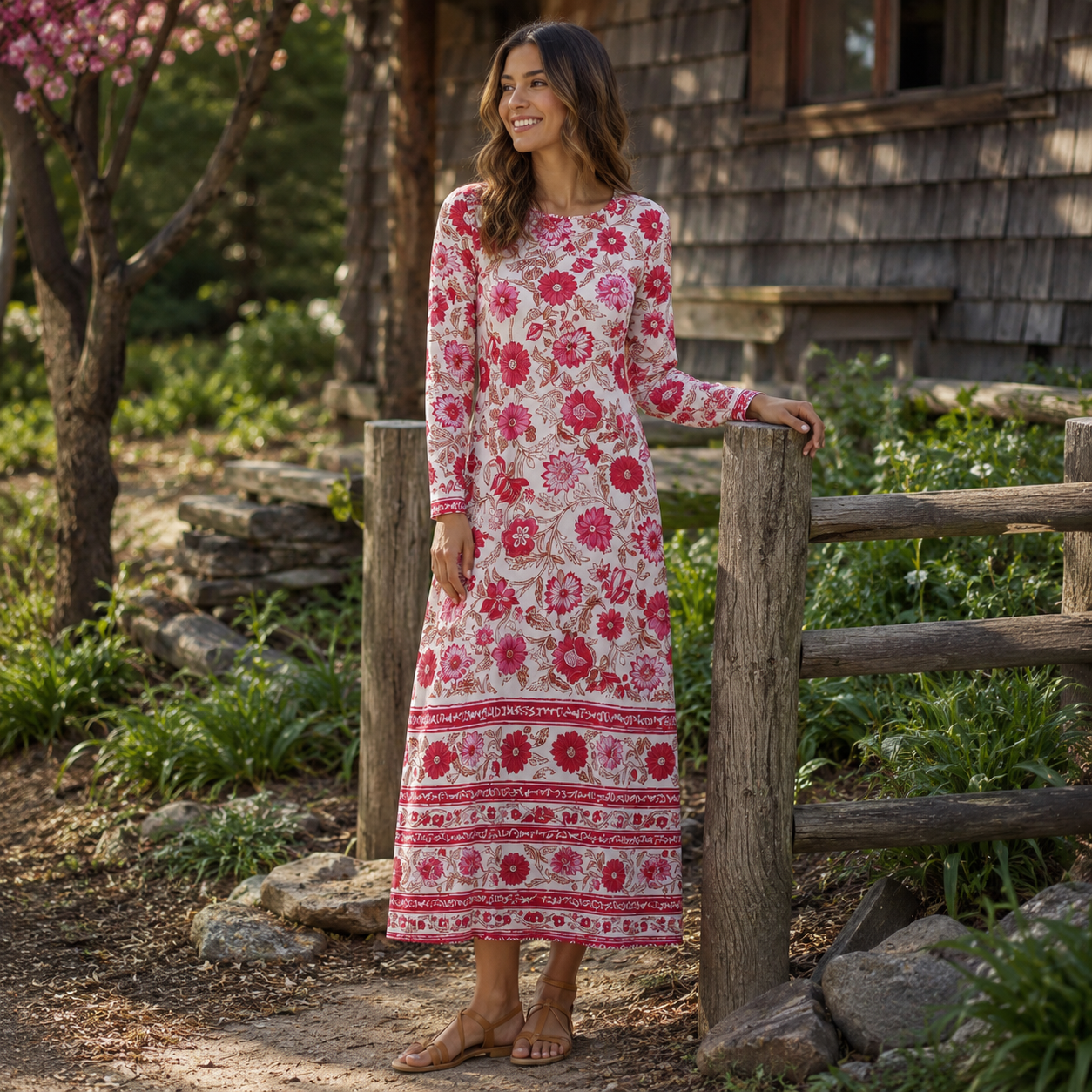 Vintage Crimson Garden Floral Print Soft-Touch Stretch Knit Long Sleeve Maxi Dress with Pockets
