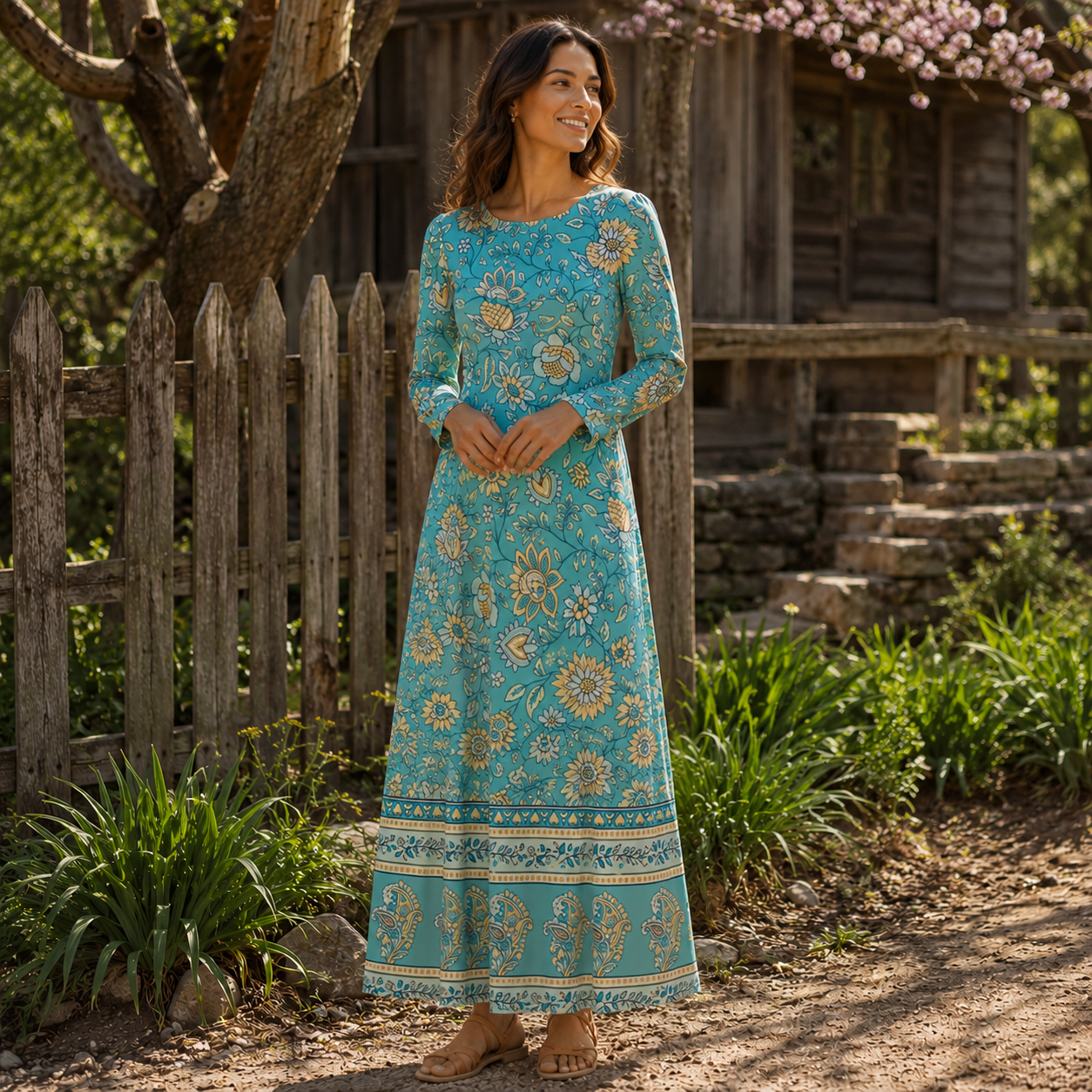 Turquoise Garden Paisley Print Soft-Touch Stretch Knit Long Sleeve Maxi Dress with Pockets