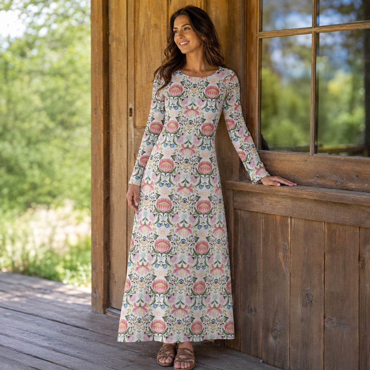 Pink Floral Lantern Motif Print Soft-Touch Stretch Knit Long Sleeve Maxi Dress with Pockets