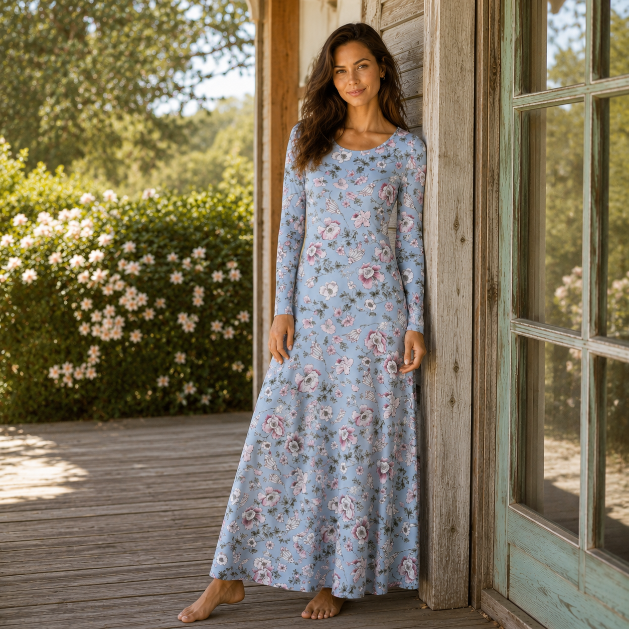 Blue Cherry Blossom Floral Print Soft-Touch Stretch Knit Long Sleeve Maxi Dress with Pockets