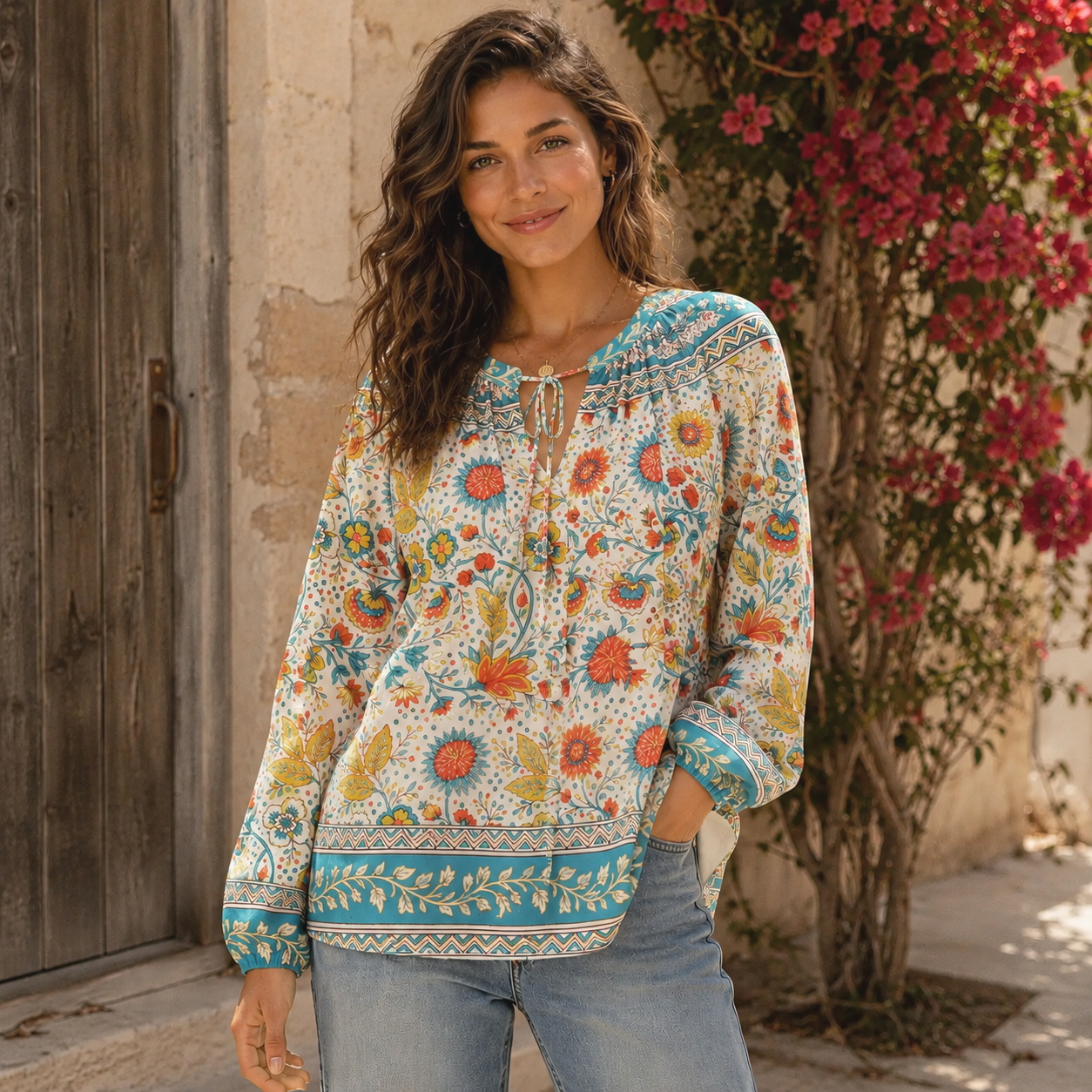 Moroccan Garden Pattern Boho Long Sleeve Tie‑Neck Blouse