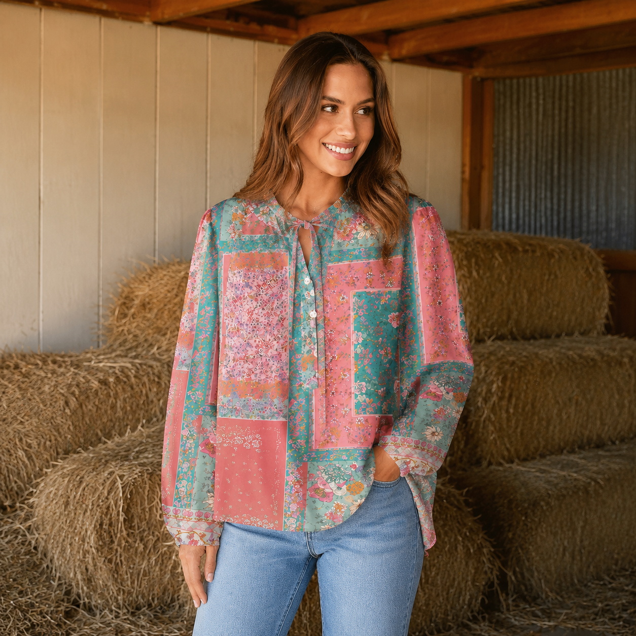 Coral Patchwork Garden Print Boho Long Sleeve Tie‑Neck Blouse