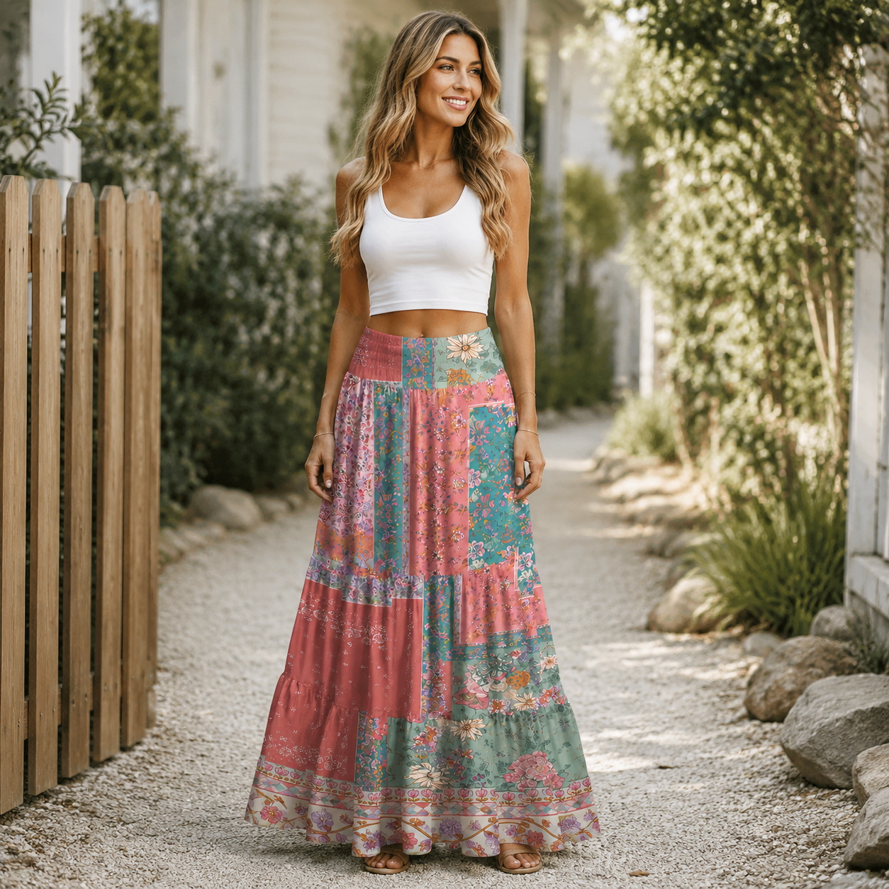 Coral Patchwork Garden Print Convertible Maxi Skirt & Strapless Dress
