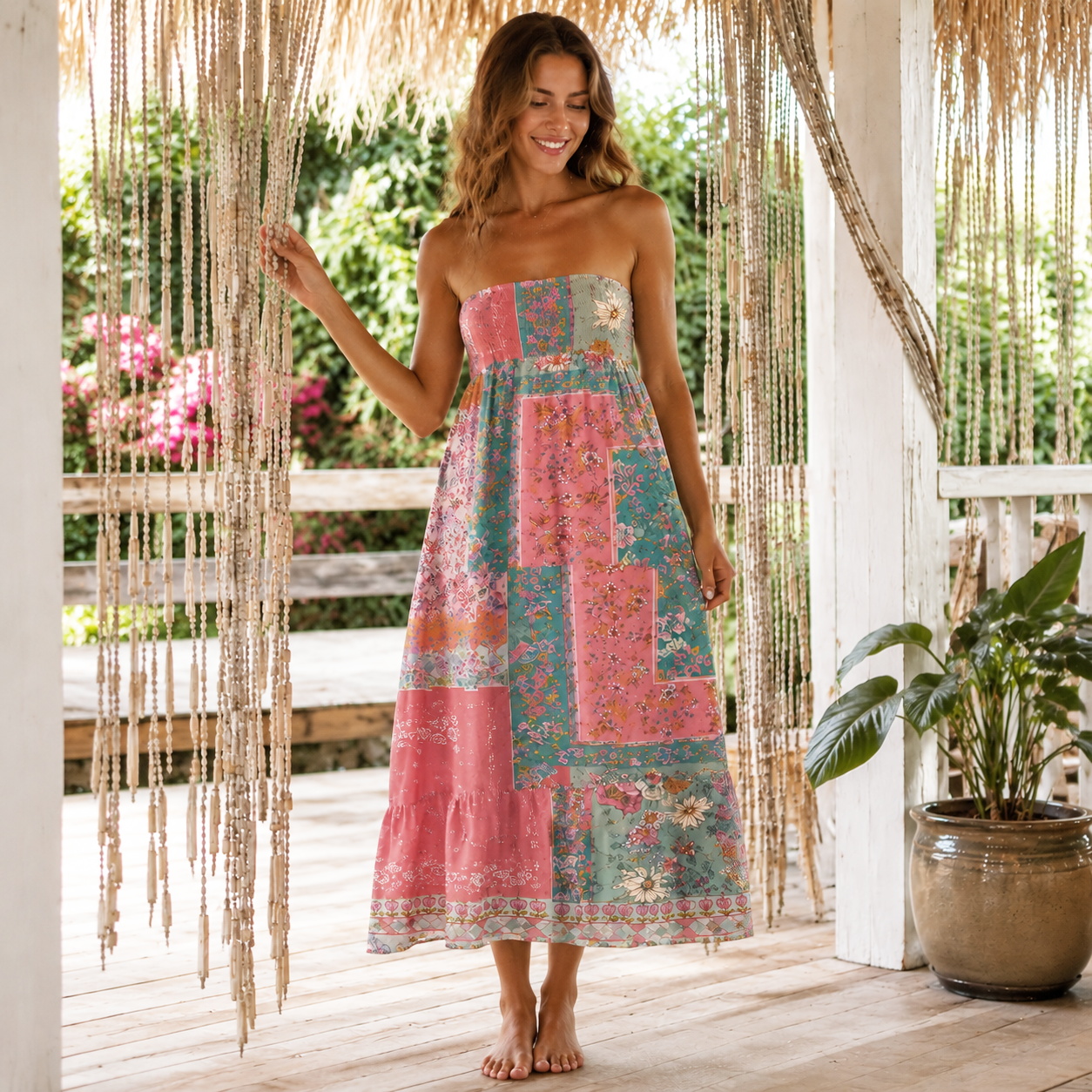 Coral Patchwork Garden Print Convertible Maxi Skirt & Strapless Dress