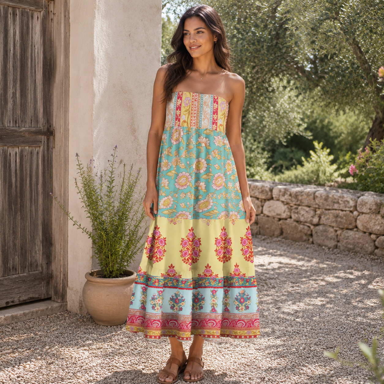 Paisley Inspired Pattern Convertible Maxi Skirt & Strapless Dress