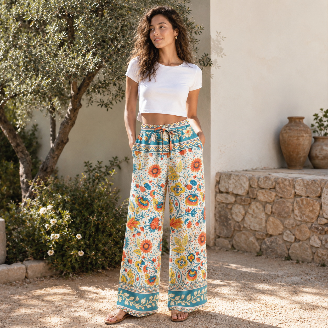 Moroccan Garden Pattern Pants For Women With Pockets