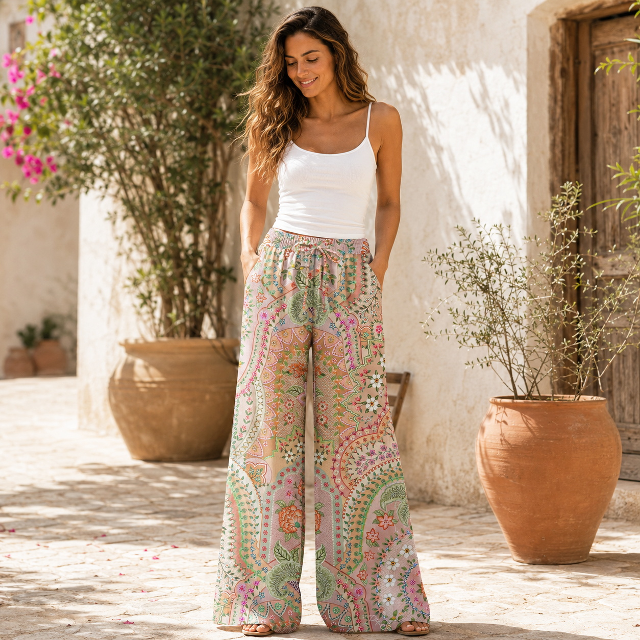 Patchwork Mandala Floral Wide Leg Tie Waist Pants With Pockets