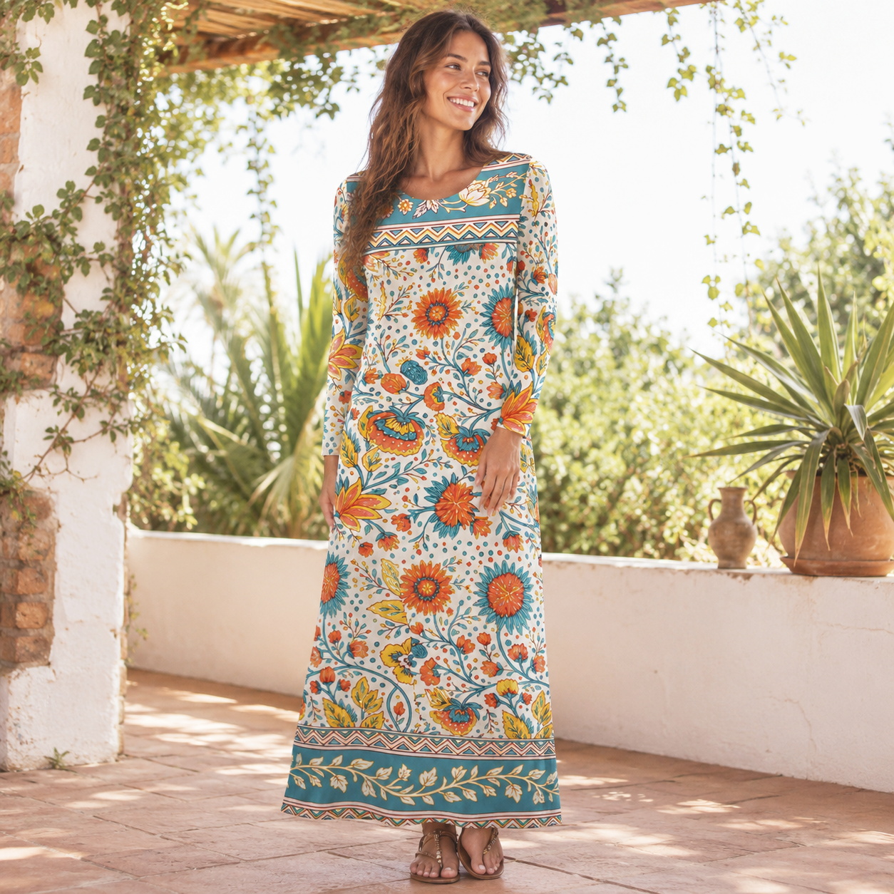 Moroccan Garden Pattern Soft-Touch Stretch Knit Long Sleeve Maxi Dress with Pockets