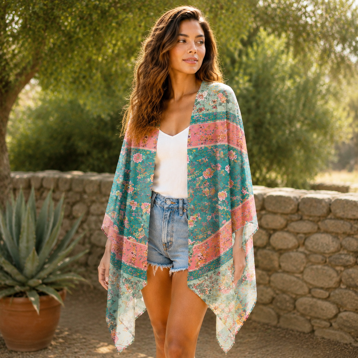 Coral Patchwork Garden Print Kimono Wrap