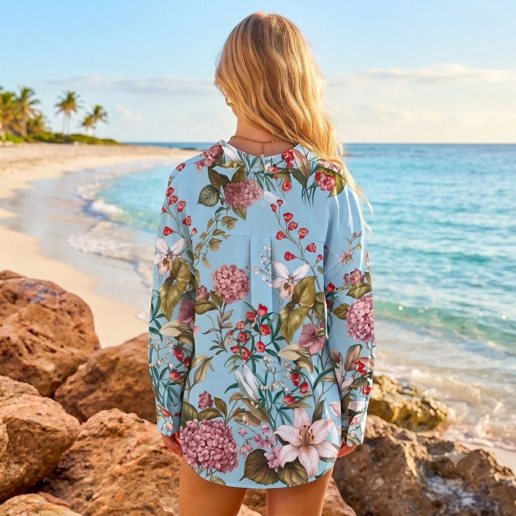 Blue Botanical Floral Long Sleeve Shirt & Shorts Set