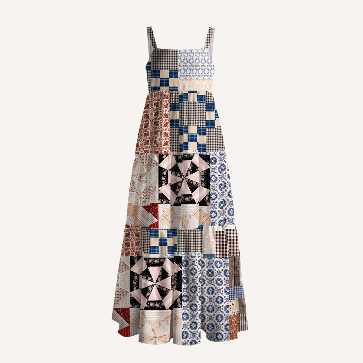 Country Cottage Patchwork Print Strap Maxi Dress With Pockets