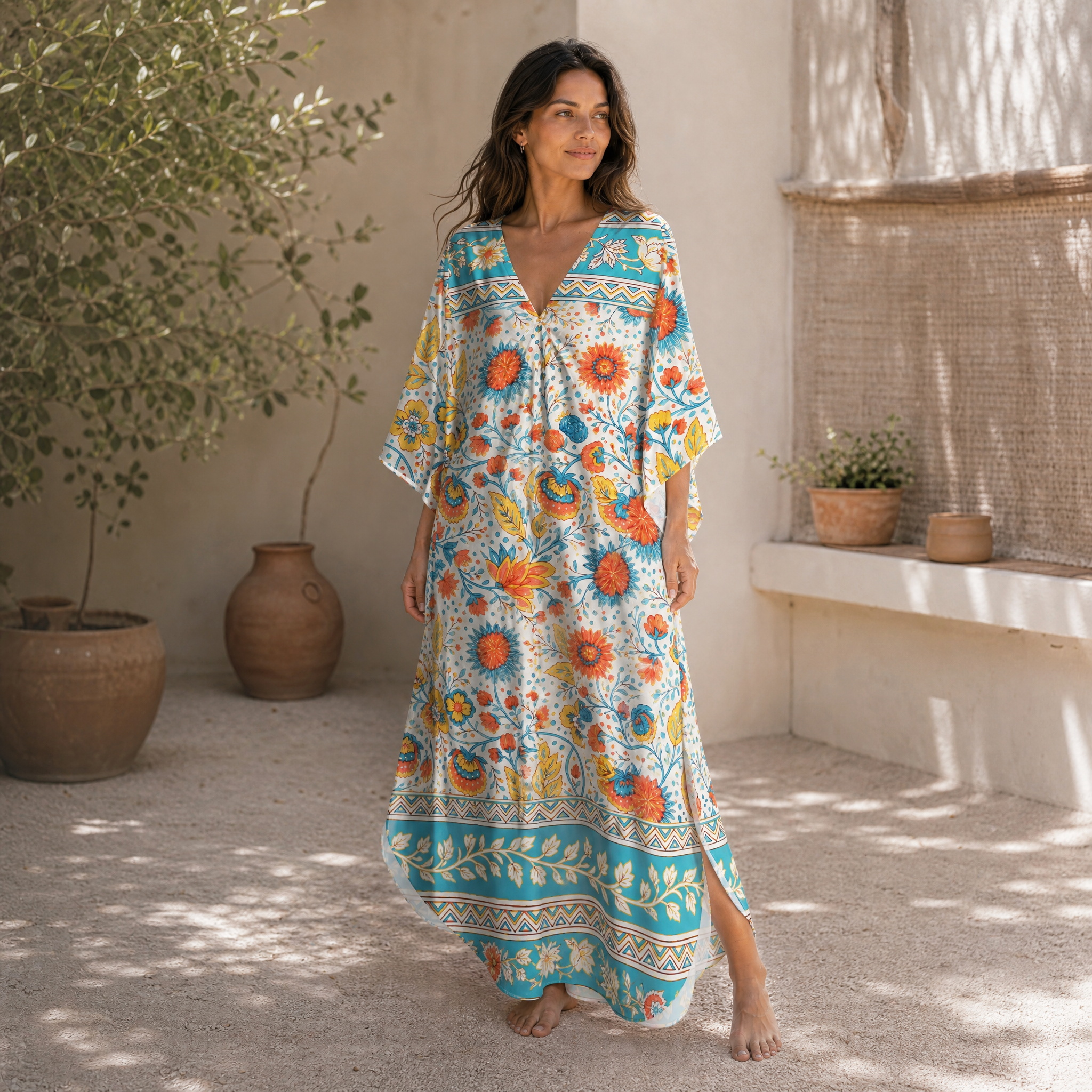 Moroccan Garden Pattern Soft Kaftan Maxi Dress