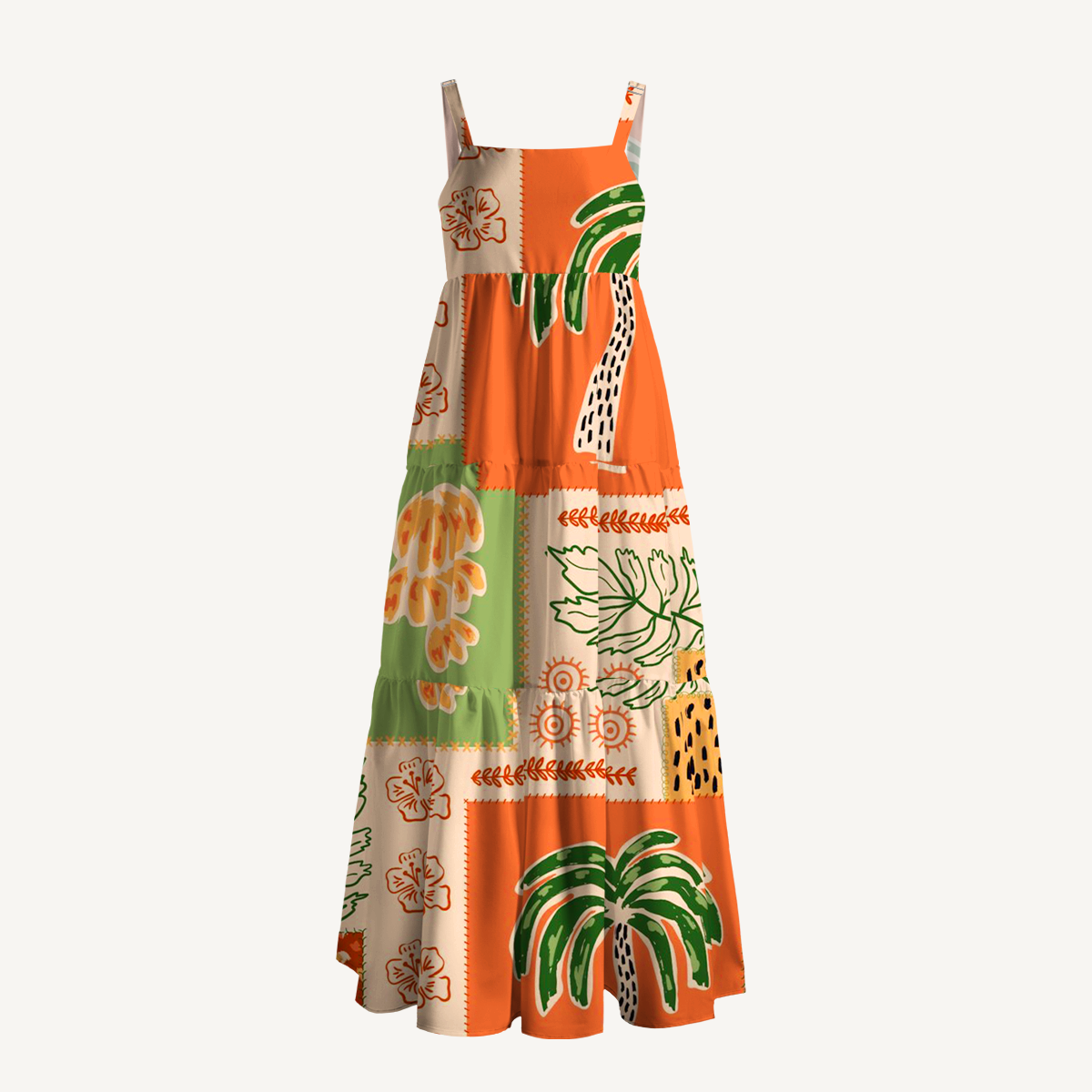 Boho Palm & Hibiscus Print Wide Straps Maxi Dress With Pockets