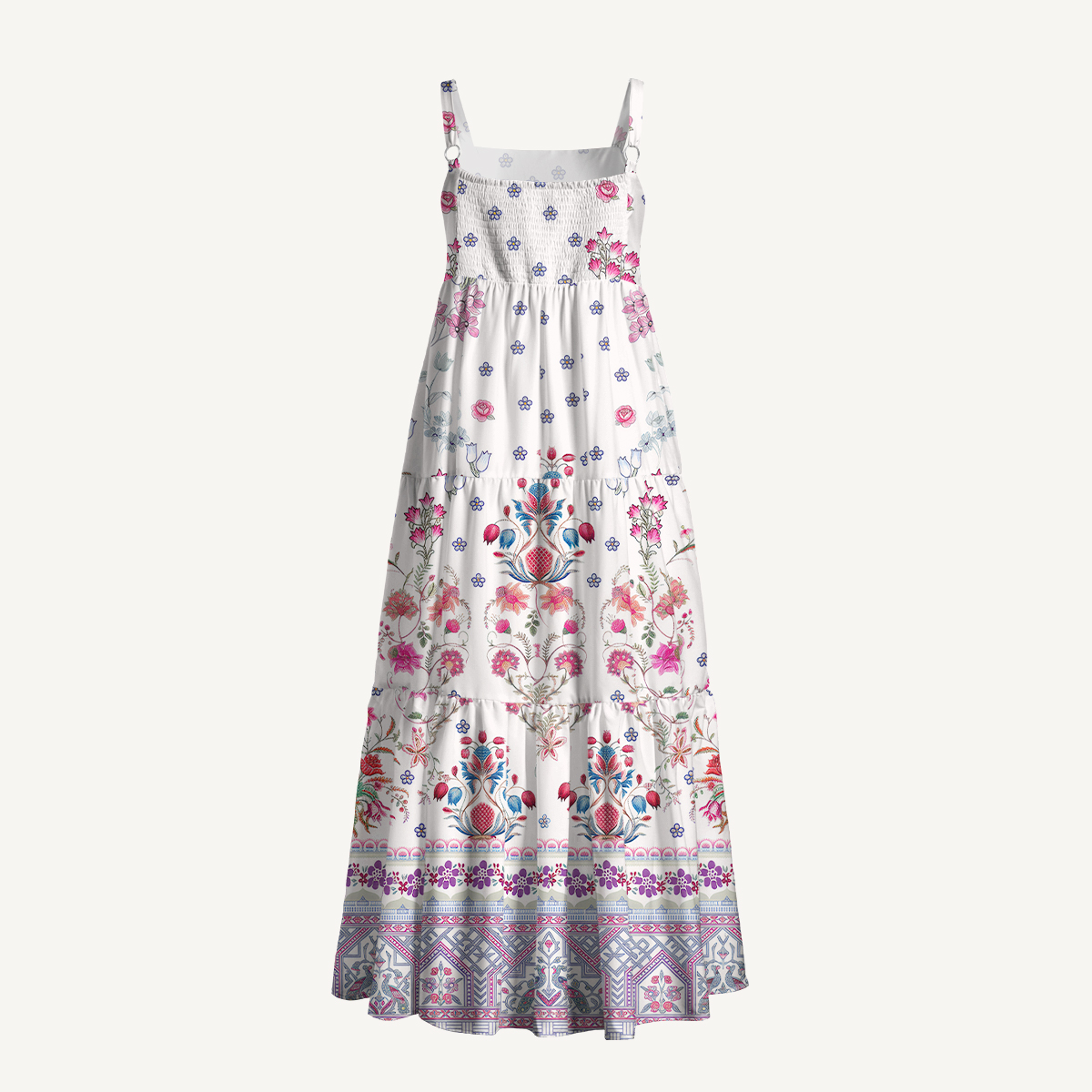 Boho Symmetric Floral Bouquet Border Pattern Strap Maxi Dress With Pockets