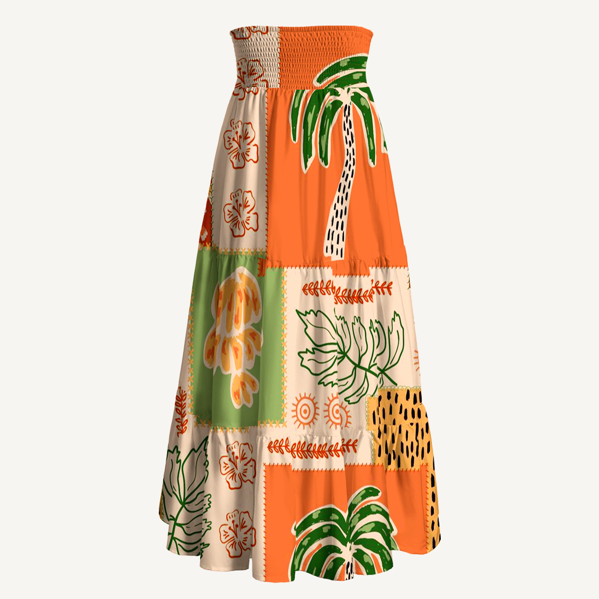 Boho Palm & Hibiscus Print Maxi Skirt & Strapless Dress  