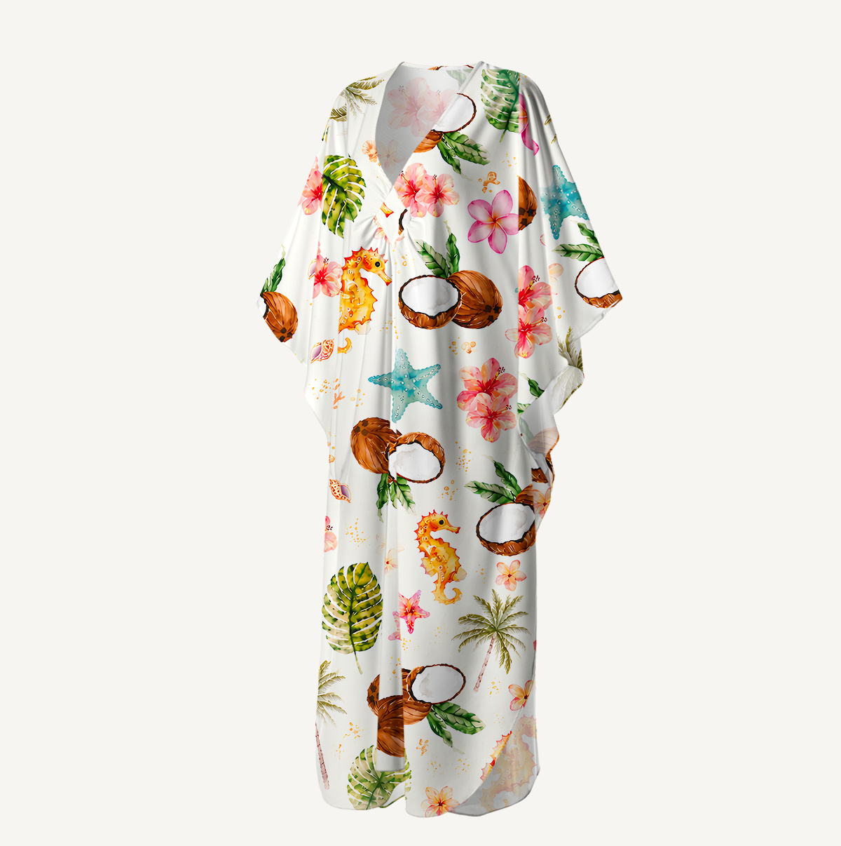 Tropical Coconut Shore Kimono Sleeve Kaftan Dress
