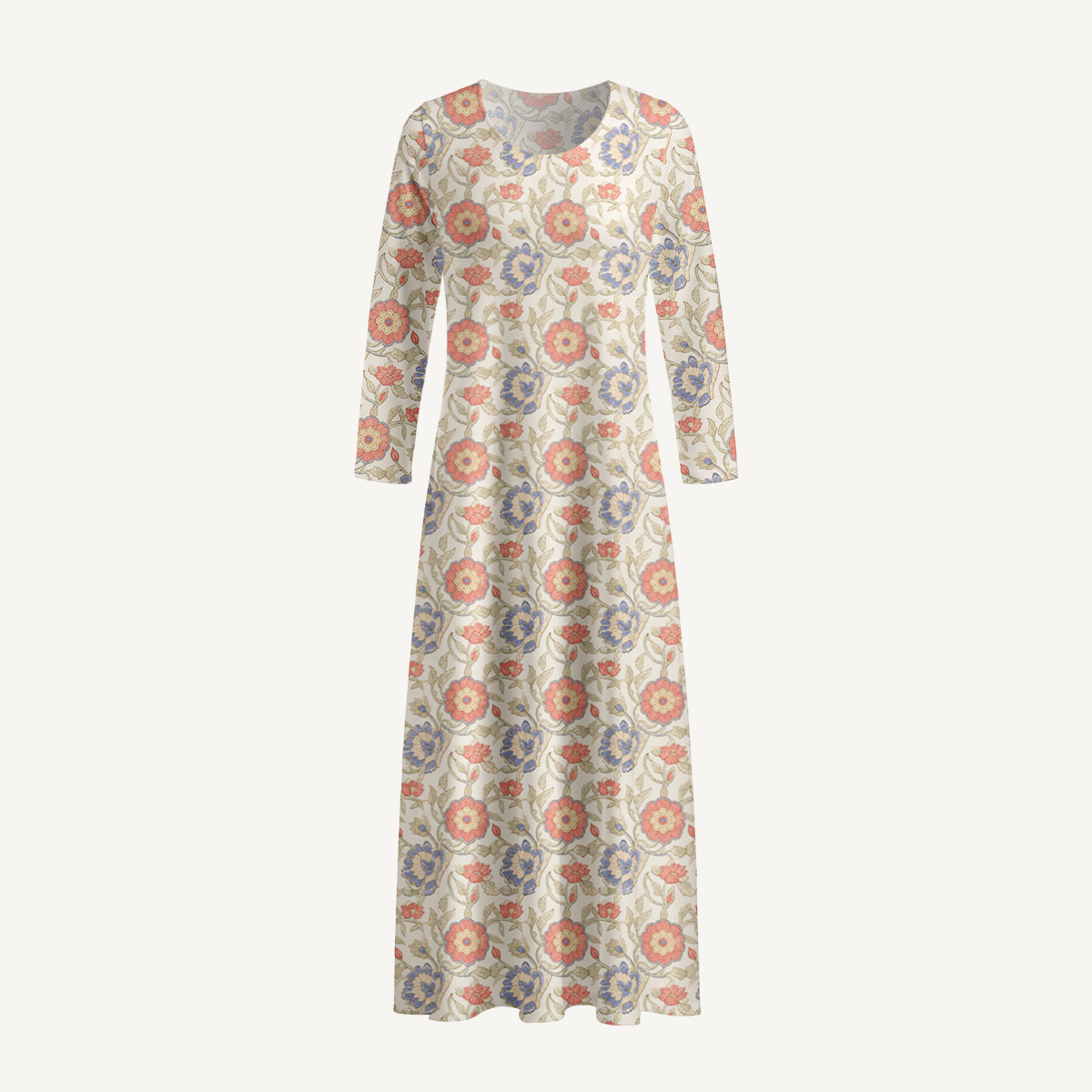 Coral Garden Floral Print Soft-Touch Stretch Knit Long Sleeve Maxi Dress with Pockets