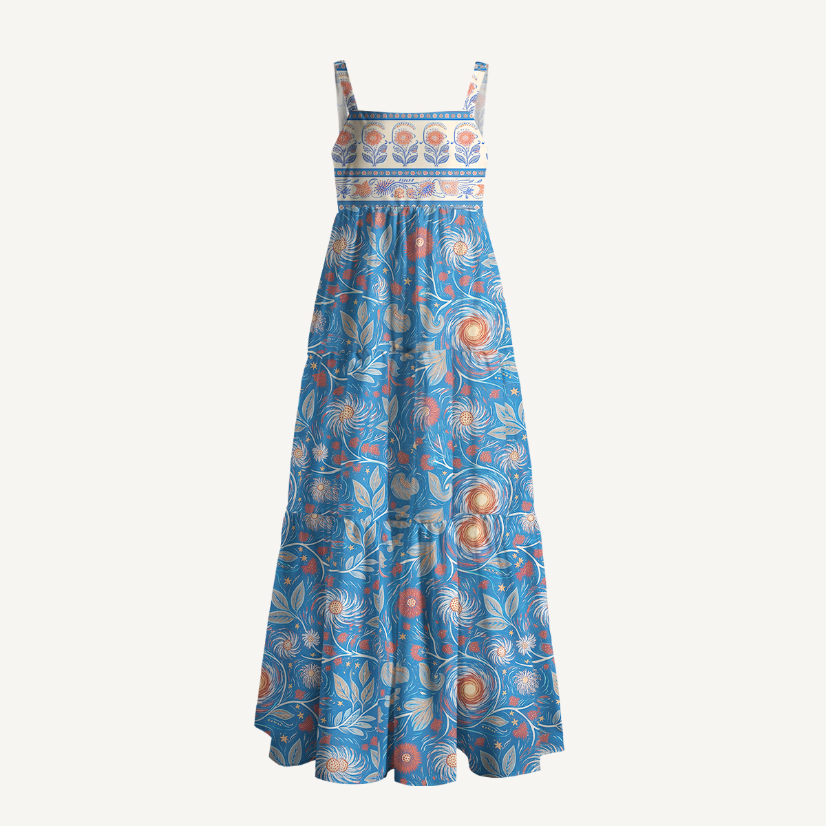 Starry Night Swirl Floral Boho Strap Maxi Summer Dress With Pockets