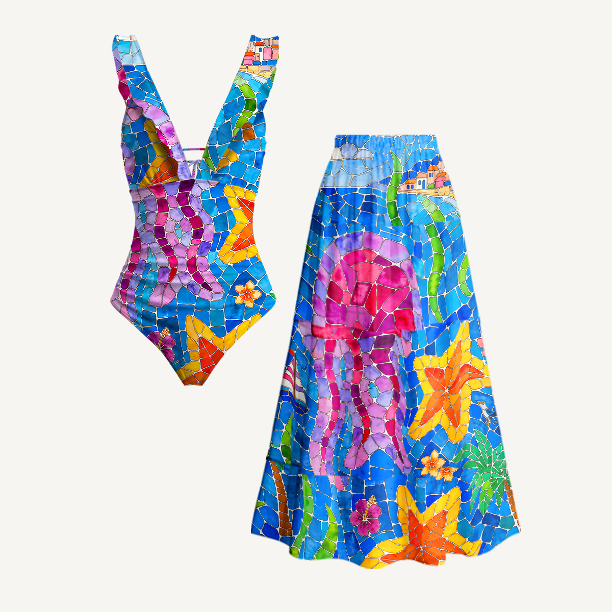 Under the Sea Ruffled V Neck One Piece Swimsuit and Matching Midi Skirt Set