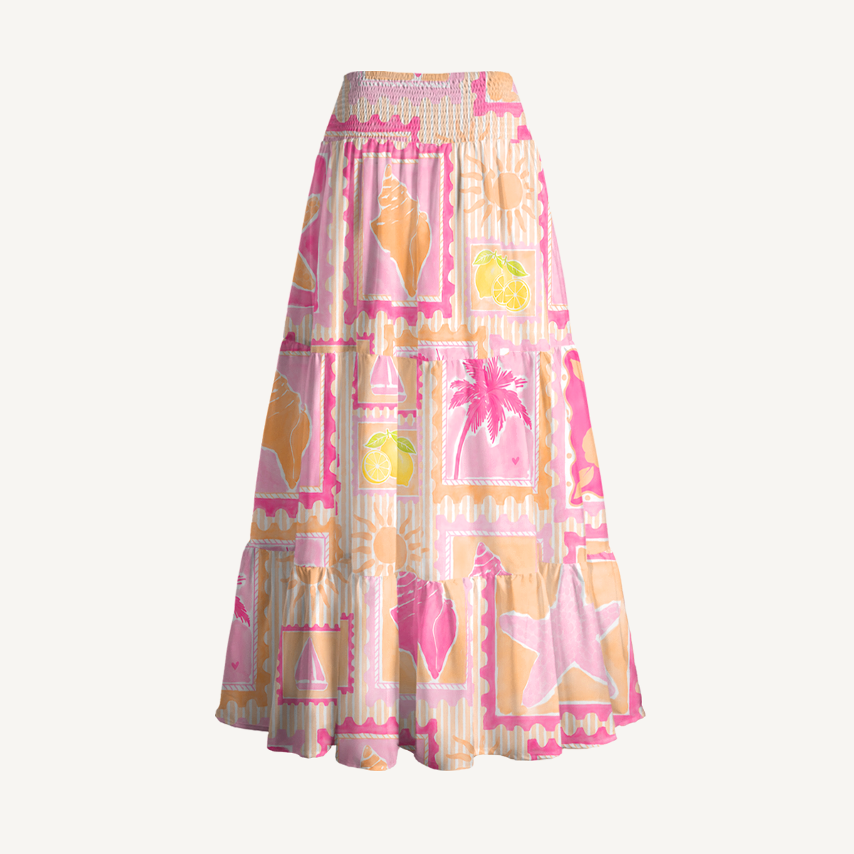 Coral Beach Postcard Print Maxi Skirt & Strapless Dress  